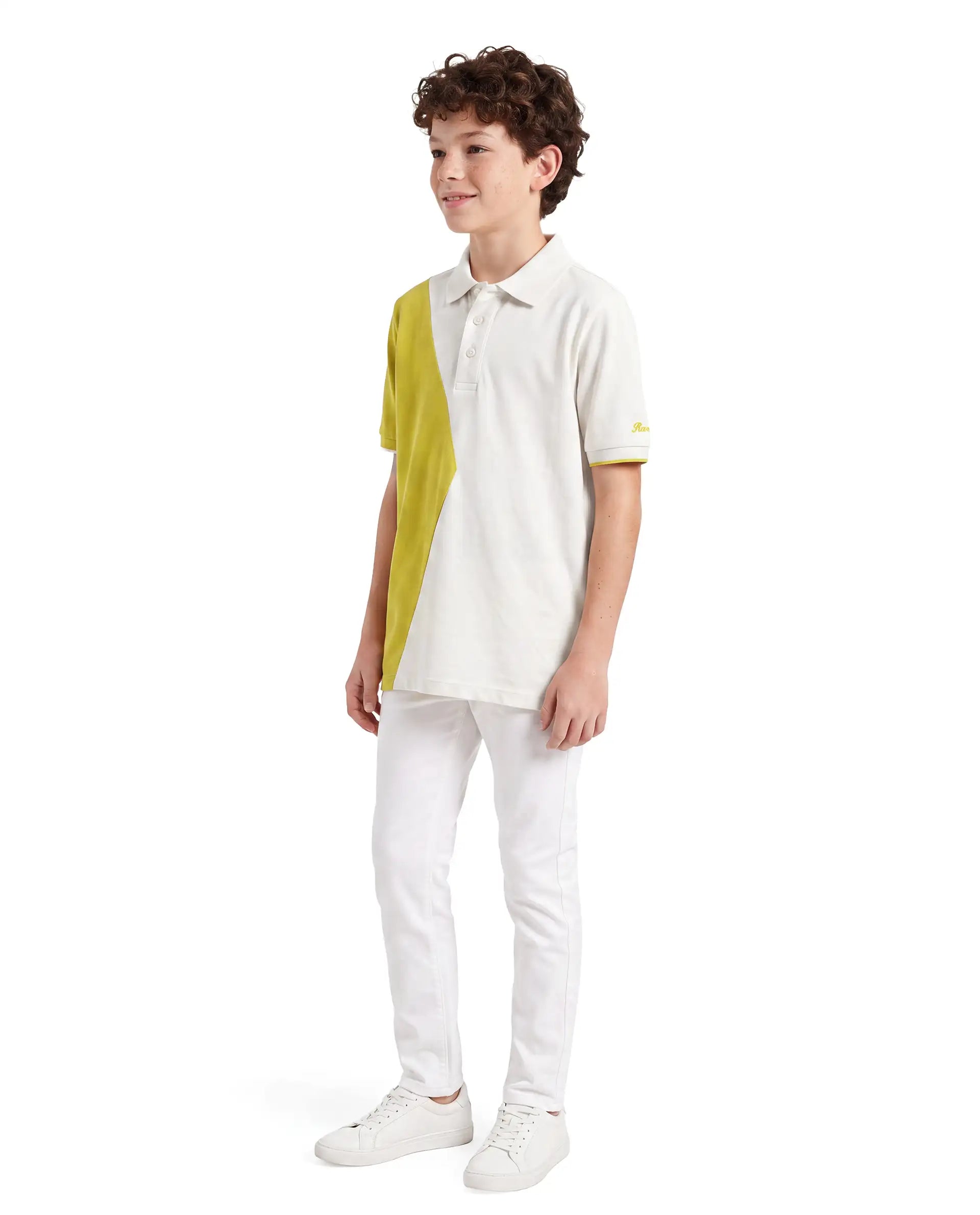 Rare Ones Kids Abel White Cotton Blend Fabric Button Closure Regular Fit Cut And Sew Polo
