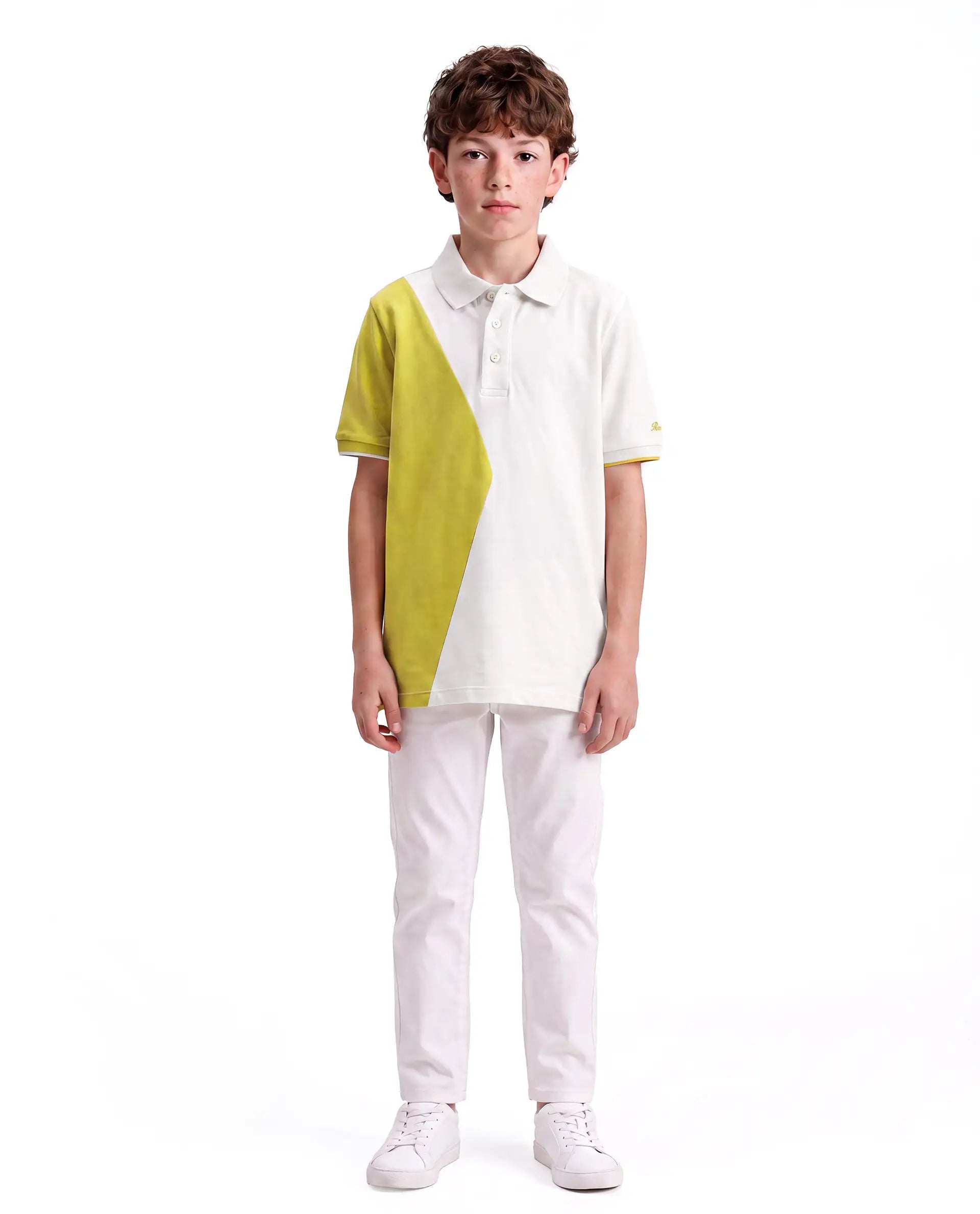Rare Ones Kids Abel White Cotton Blend Fabric Button Closure Regular Fit Cut And Sew Polo
