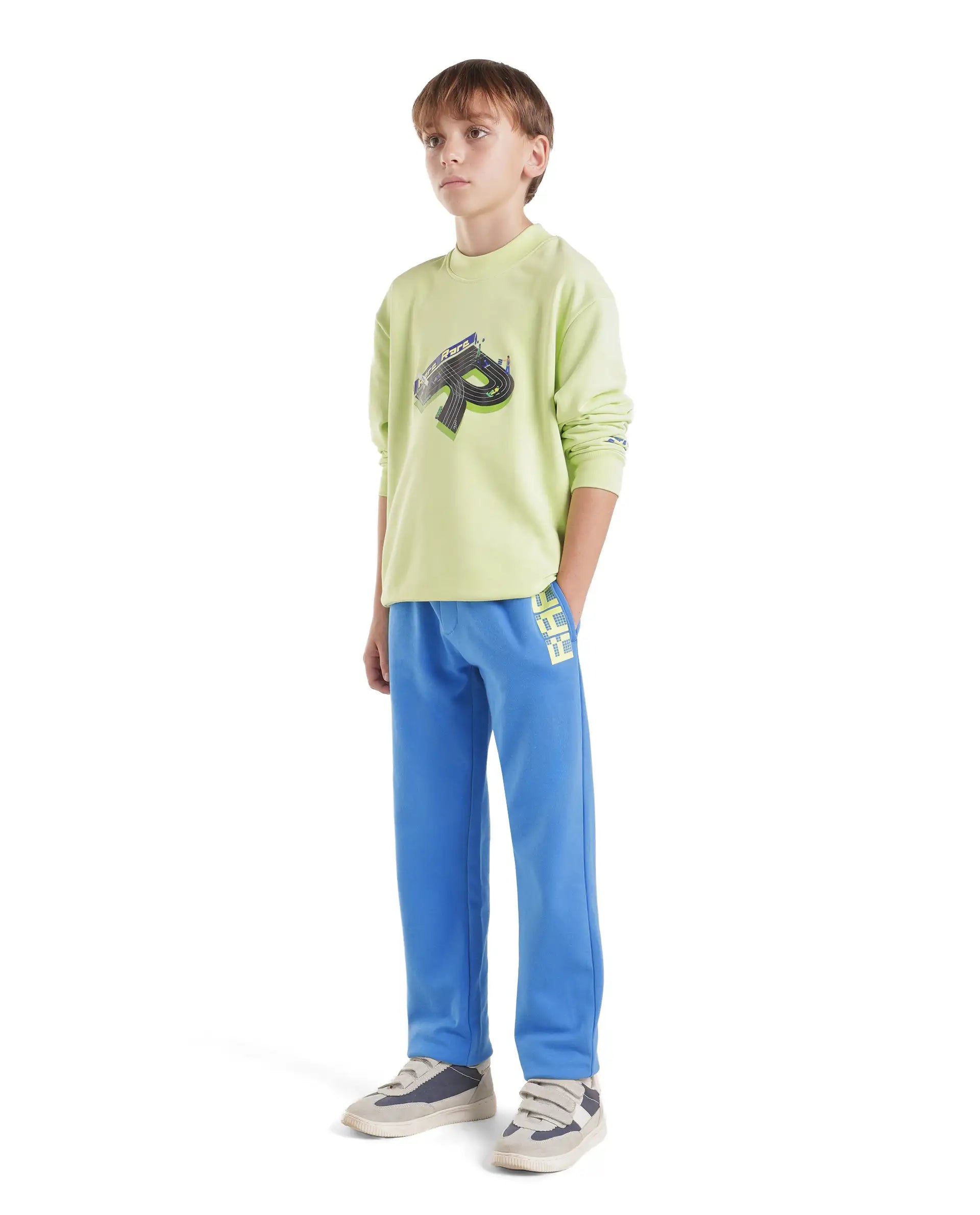 Rare Ones Kids Grid-B Blue Cotton Blend Fabric Drawstring Closure Straight Trackpant