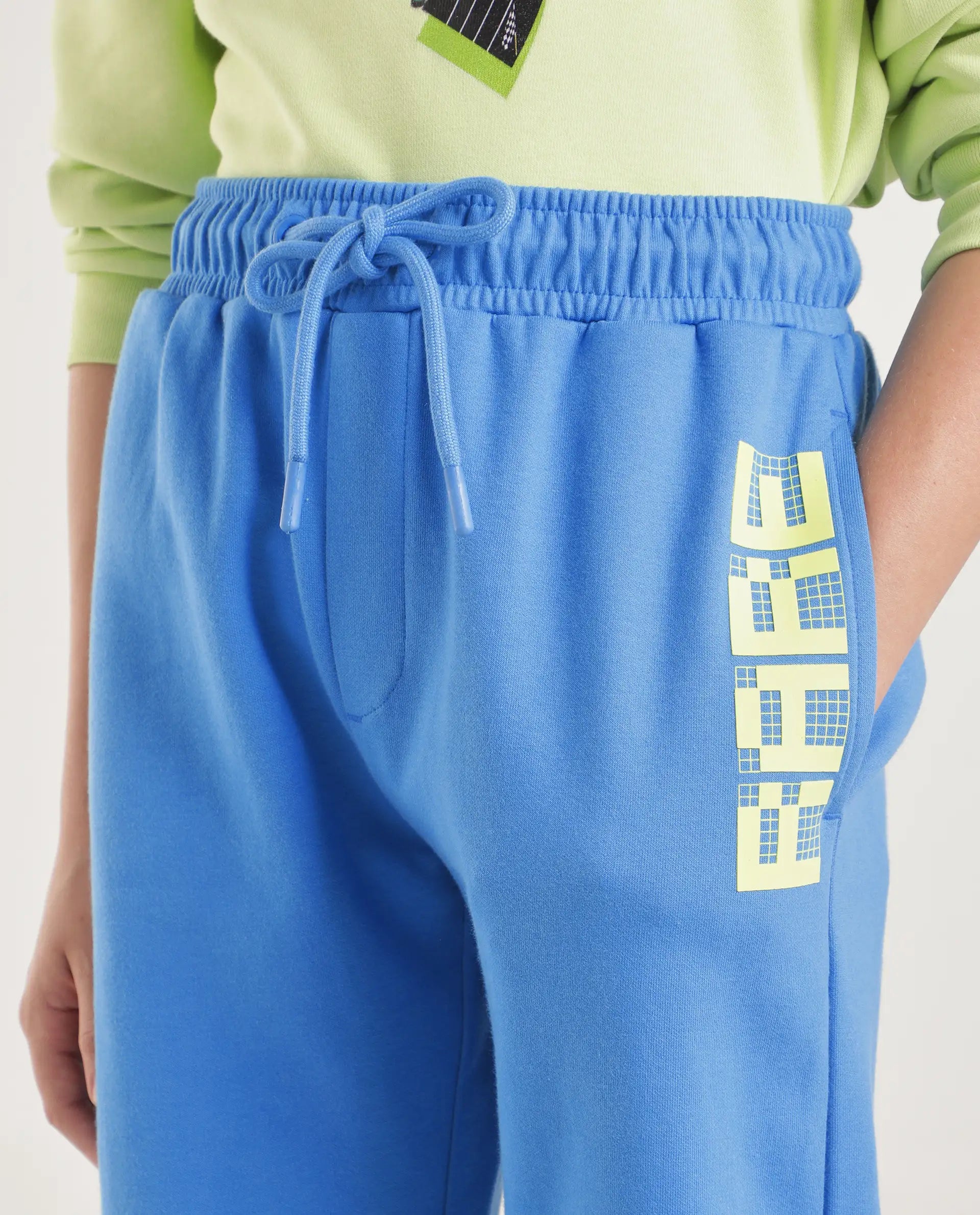 Rare Ones Kids Grid-B Blue Cotton Blend Fabric Drawstring Closure Straight Trackpant