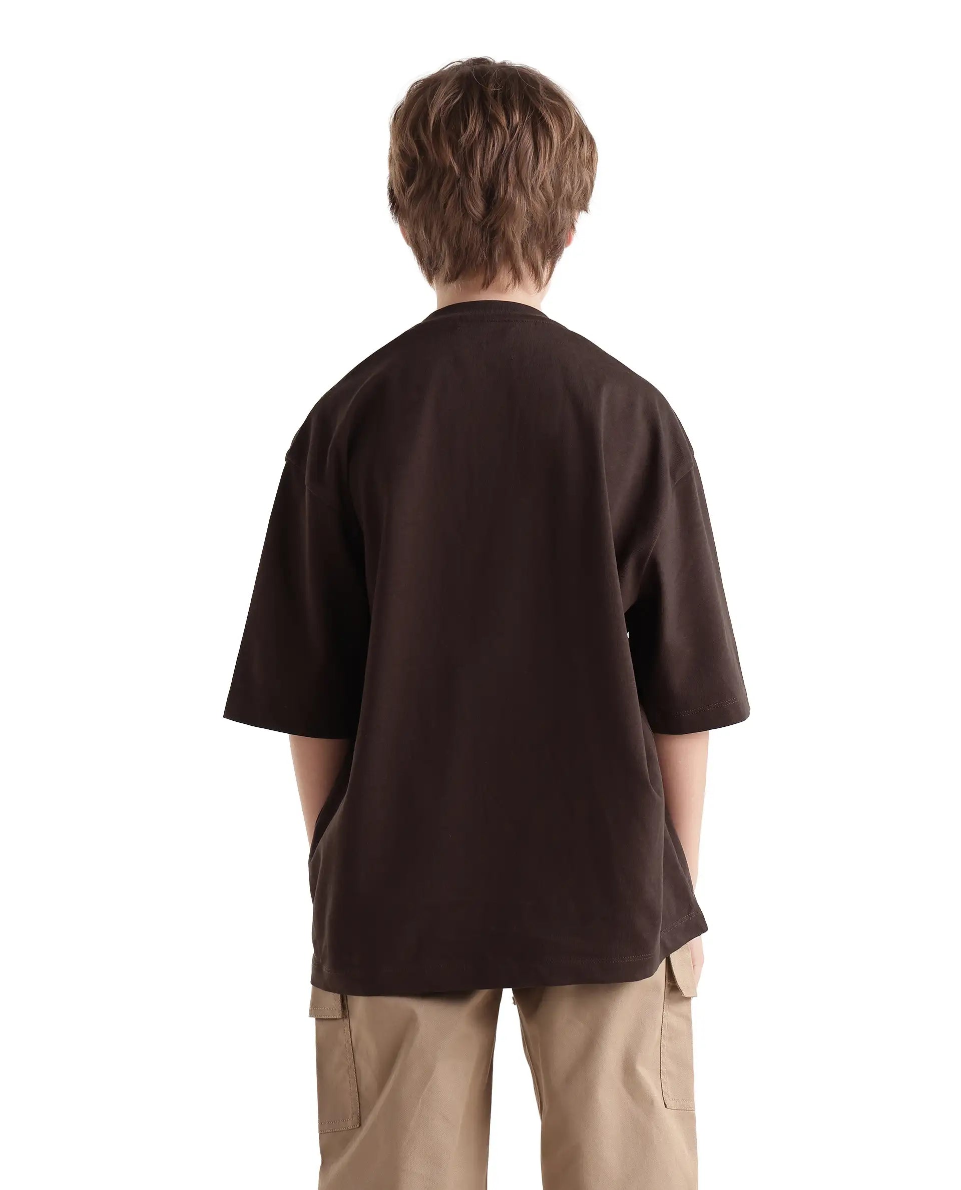 Rare Ones Kids Ted Dark Brown Cotton Fabric Pull-On Oversized Fit Embroidered T-Shirt