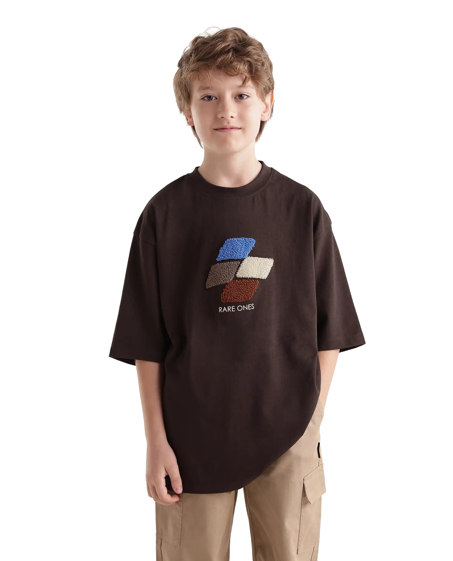 Rare Ones Kids Ted Dark Brown Cotton Fabric Pull-On Oversized Fit Embroidered T-Shirt