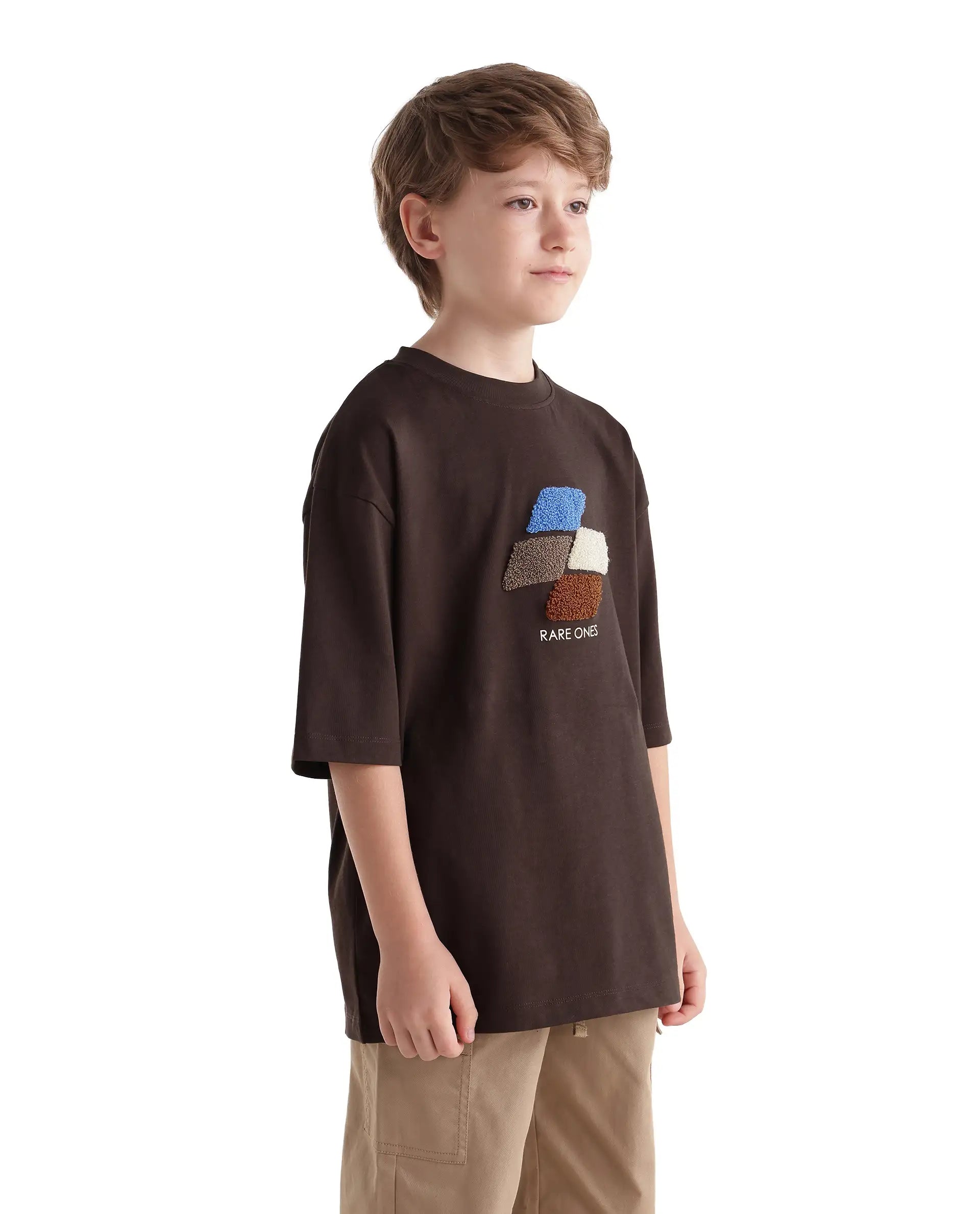 Rare Ones Kids Ted Dark Brown Cotton Fabric Pull-On Oversized Fit Embroidered T-Shirt