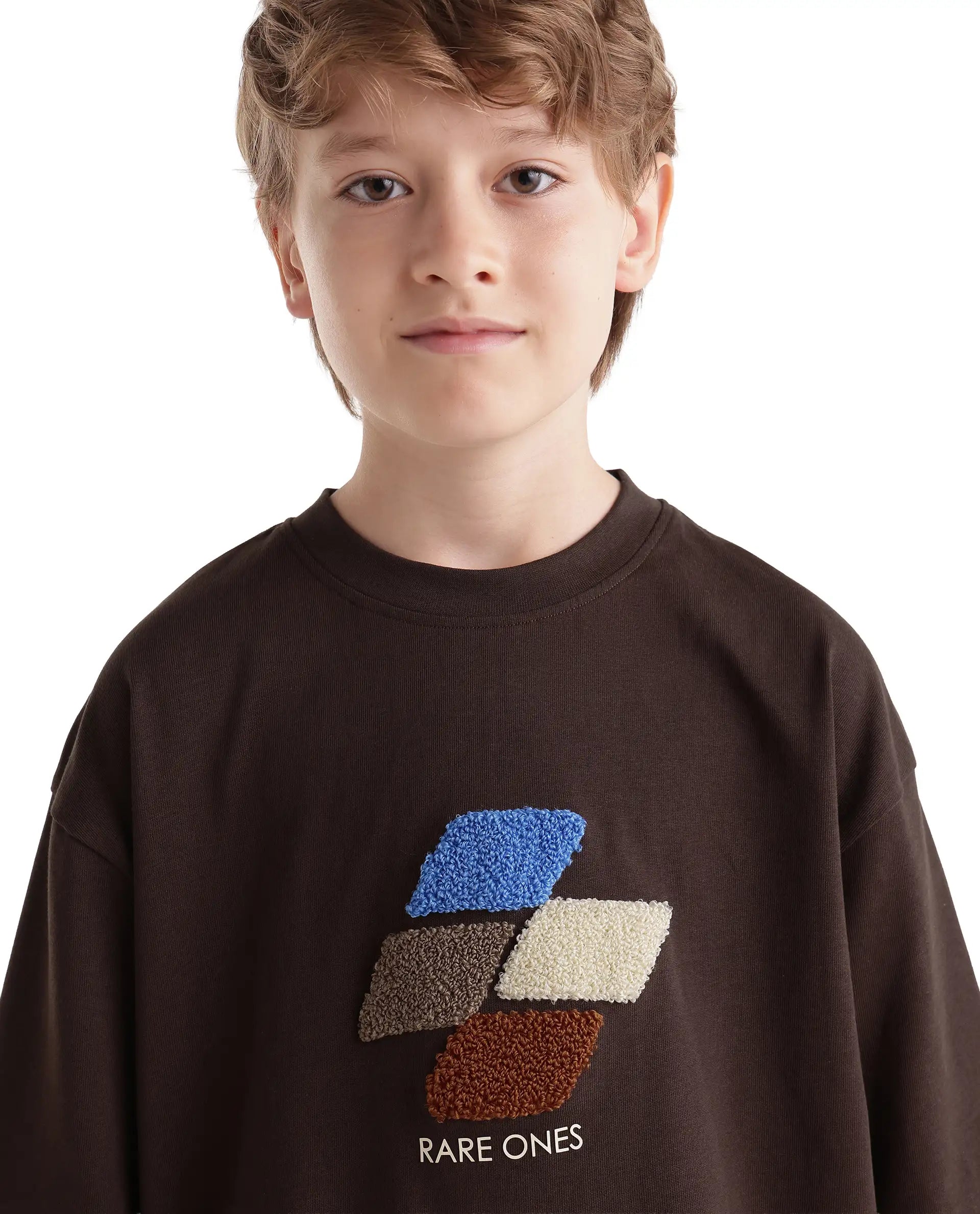 Rare Ones Kids Ted Dark Brown Cotton Fabric Pull-On Oversized Fit Embroidered T-Shirt