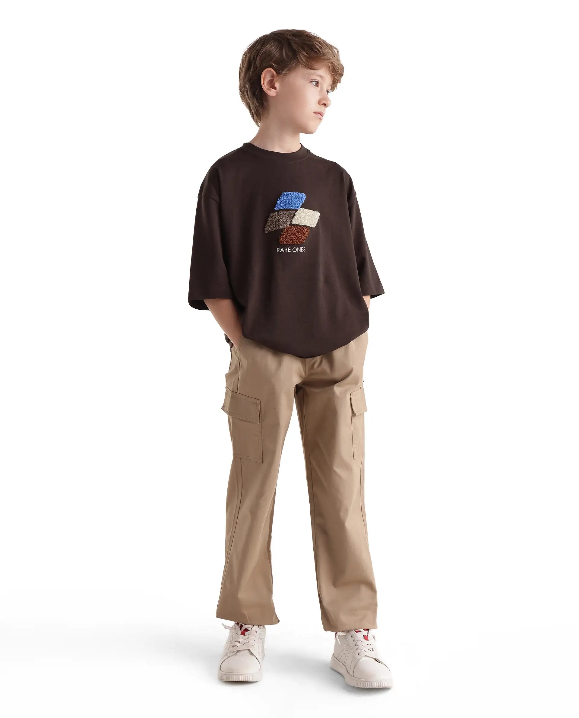 Rare Ones Kids Ted Dark Brown Cotton Fabric Pull-On Oversized Fit Embroidered T-Shirt