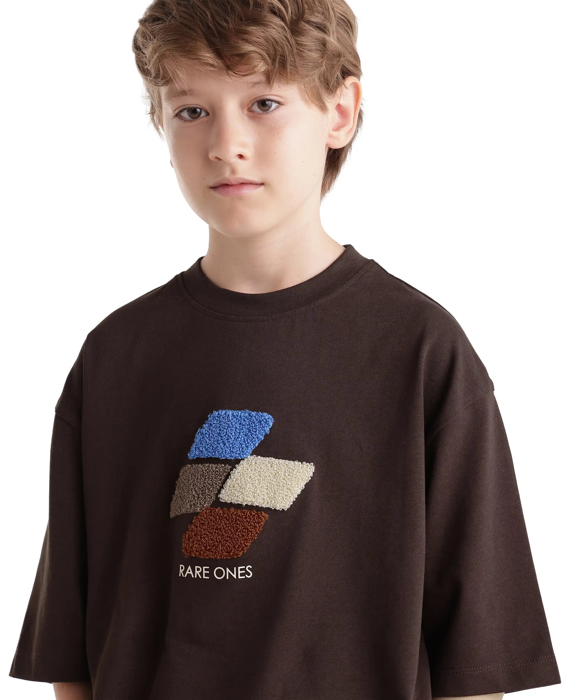 Rare Ones Kids Ted Dark Brown Cotton Fabric Pull-On Oversized Fit Embroidered T-Shirt