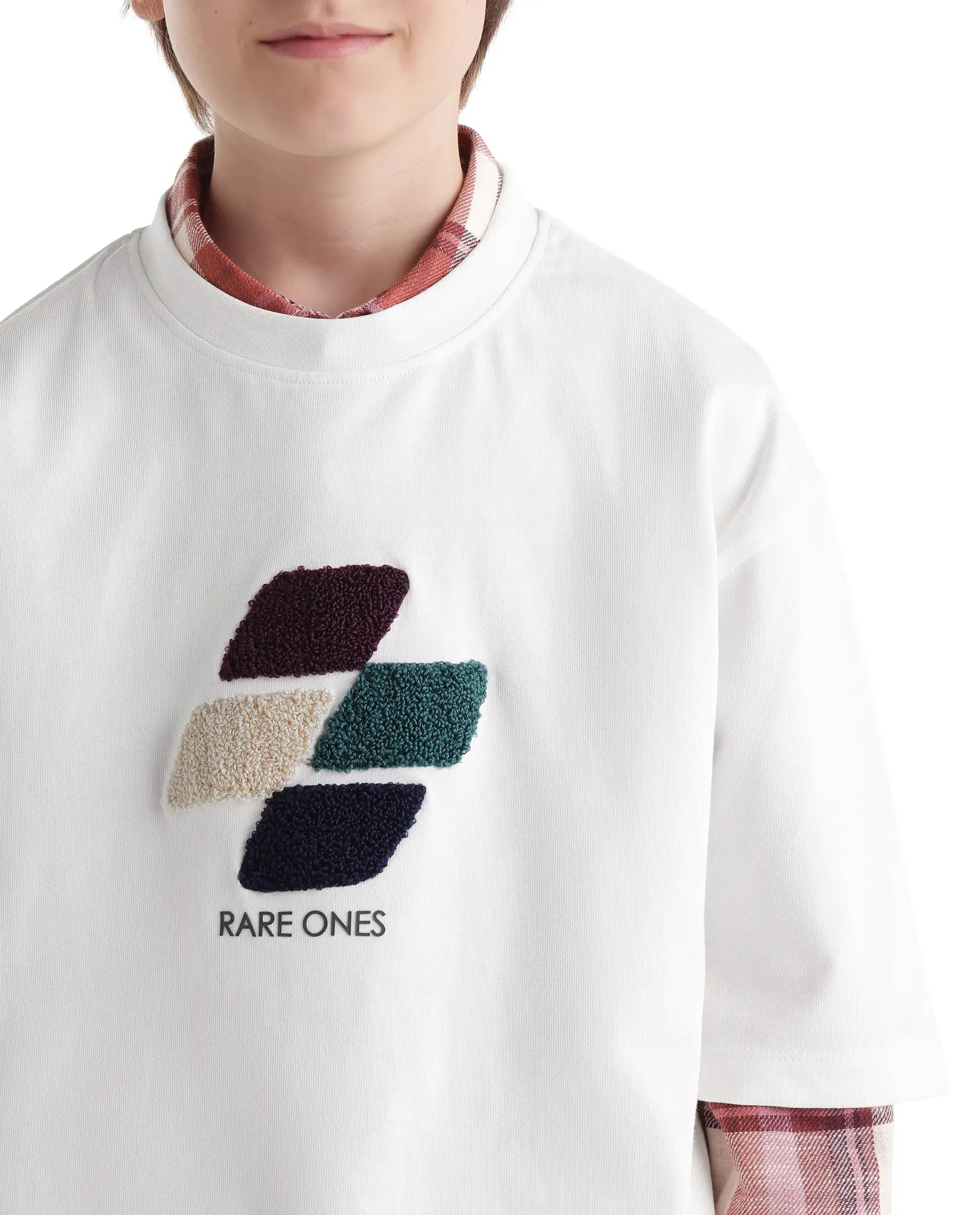 Rare Ones Kids Ted Off White Cotton Fabric Pull-On Oversized Fit Embroidered T-Shirt
