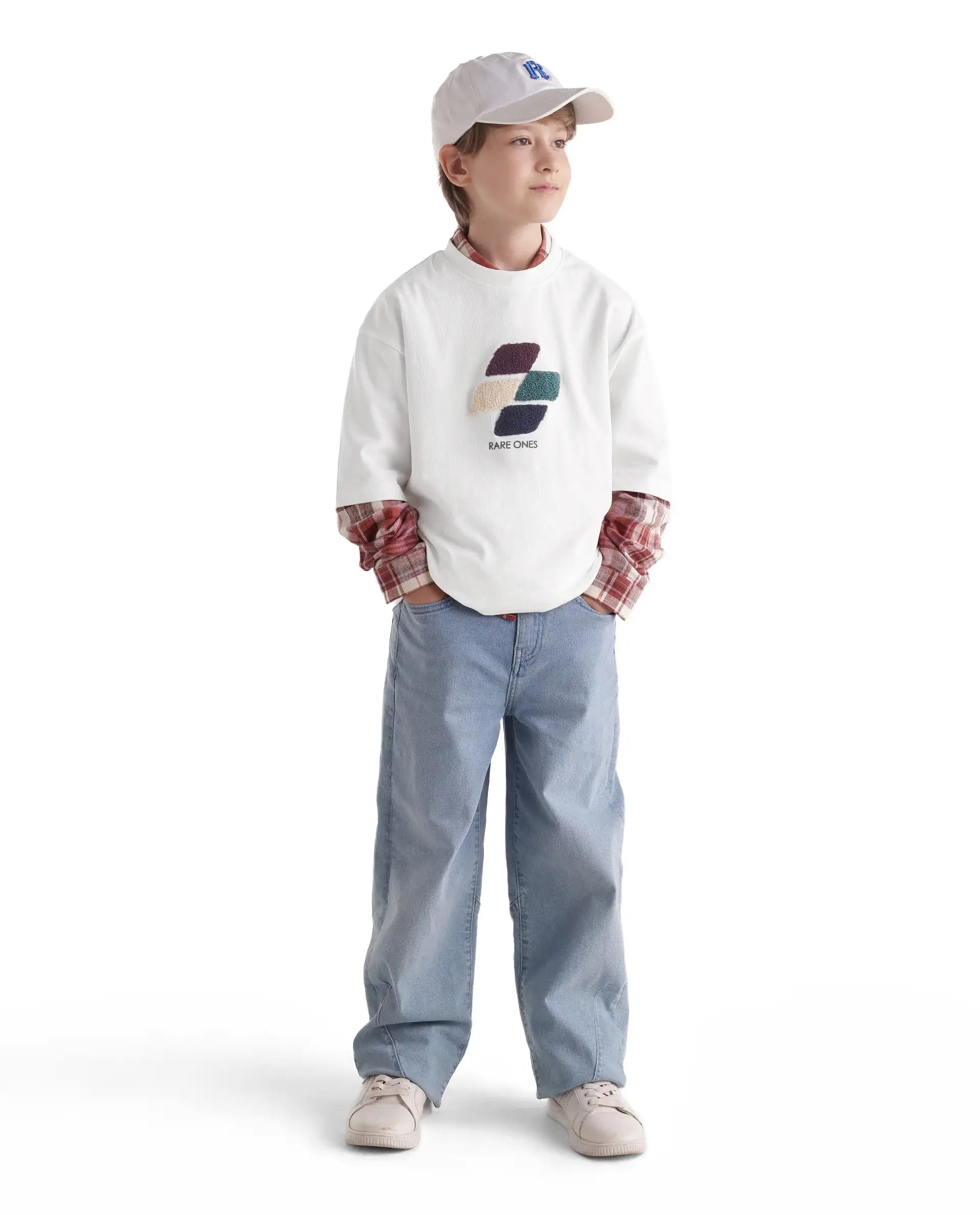 Rare Ones Kids Ted Off White Cotton Fabric Pull-On Oversized Fit Embroidered T-Shirt
