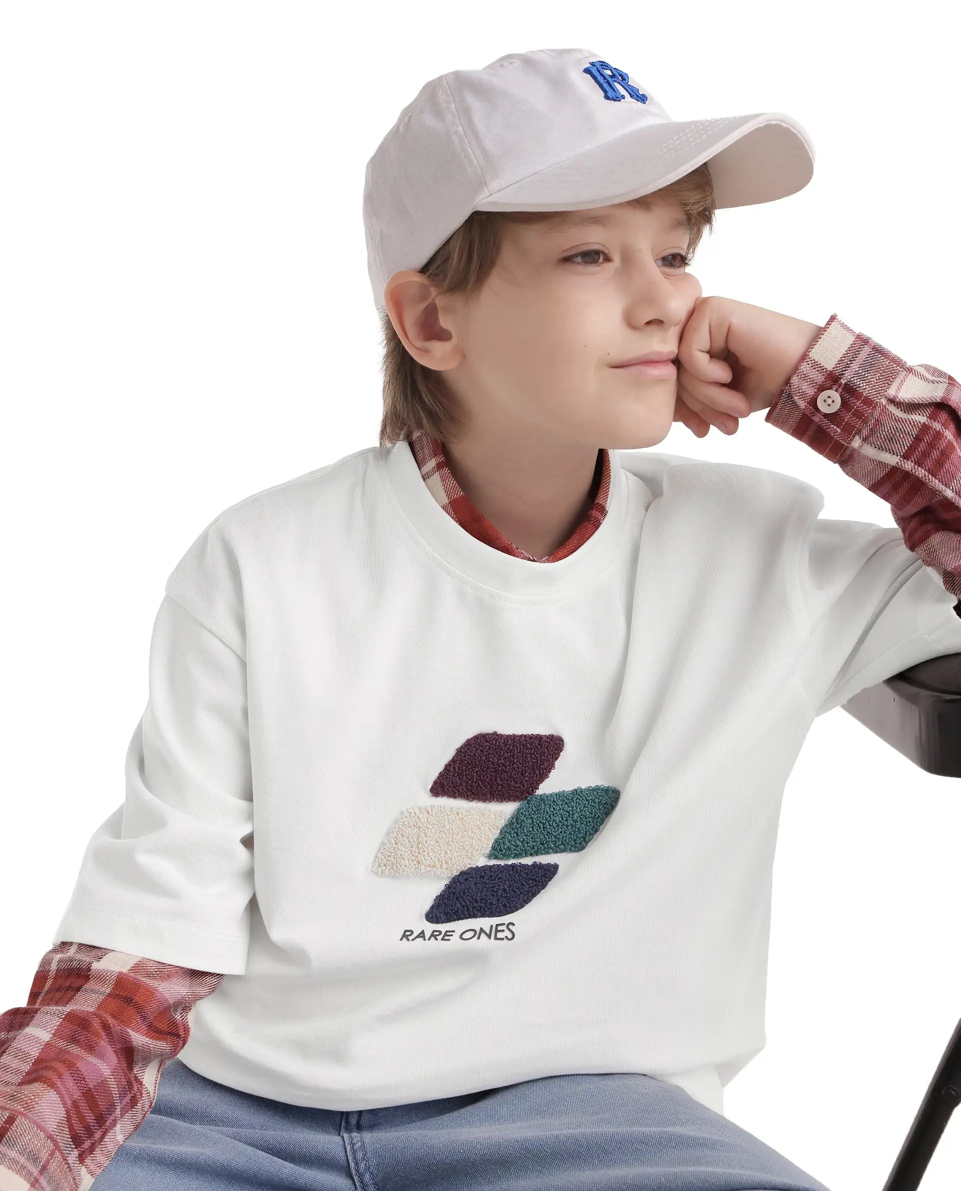 Rare Ones Kids Ted Off White Cotton Fabric Pull-On Oversized Fit Embroidered T-Shirt