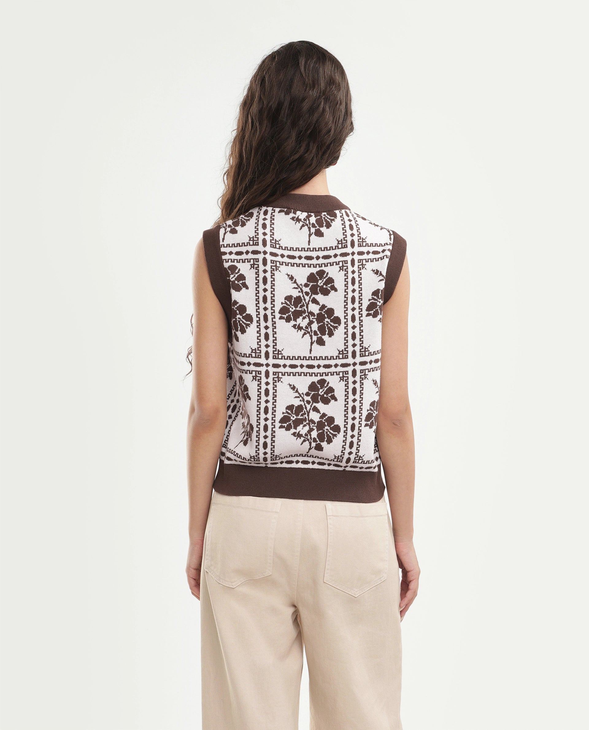 Rareism Women's Lest Off White Cotton Pull-On Regular Fit Floral Print Sweater