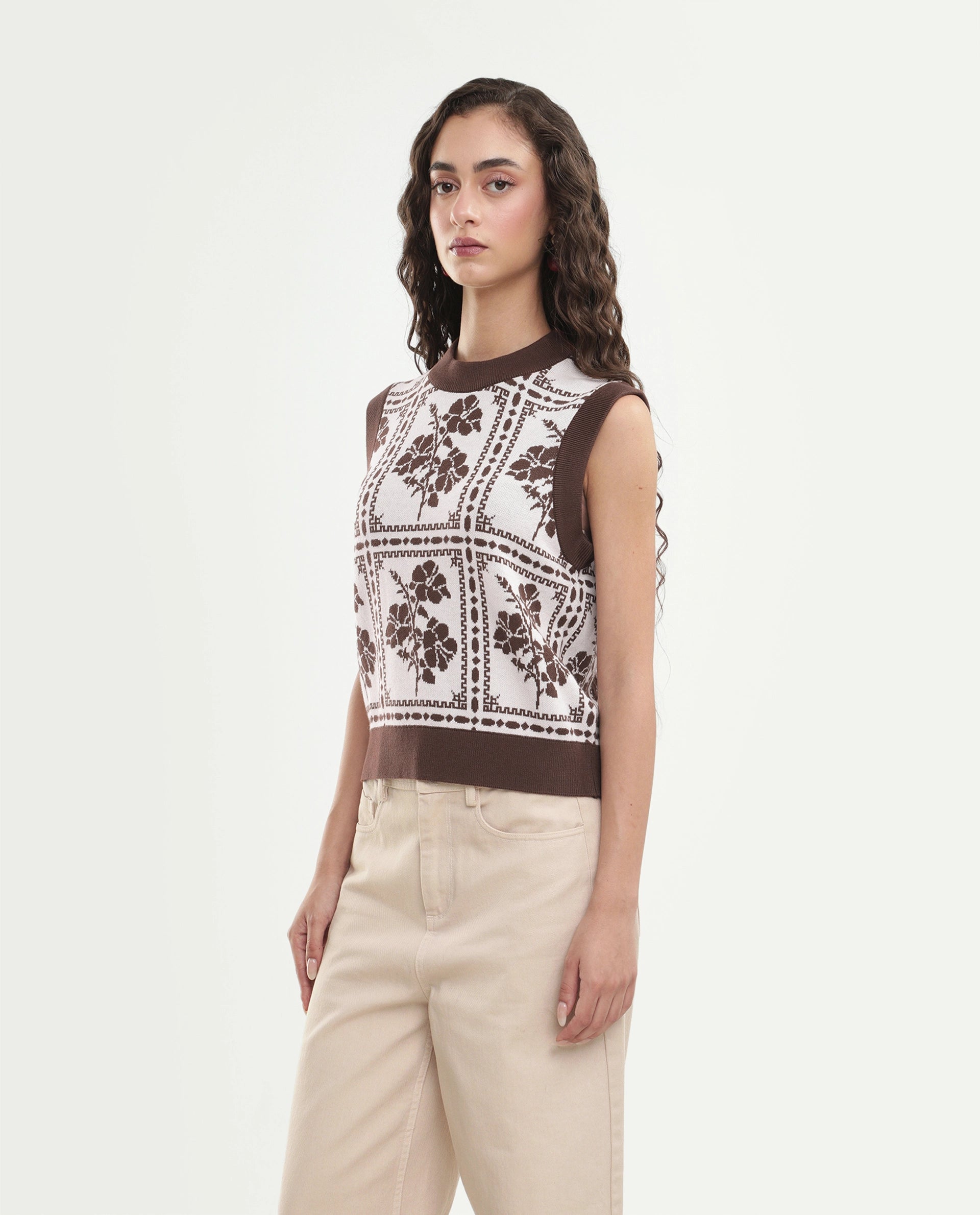 Rareism Women's Lest Off White Cotton Pull-On Regular Fit Floral Print Sweater