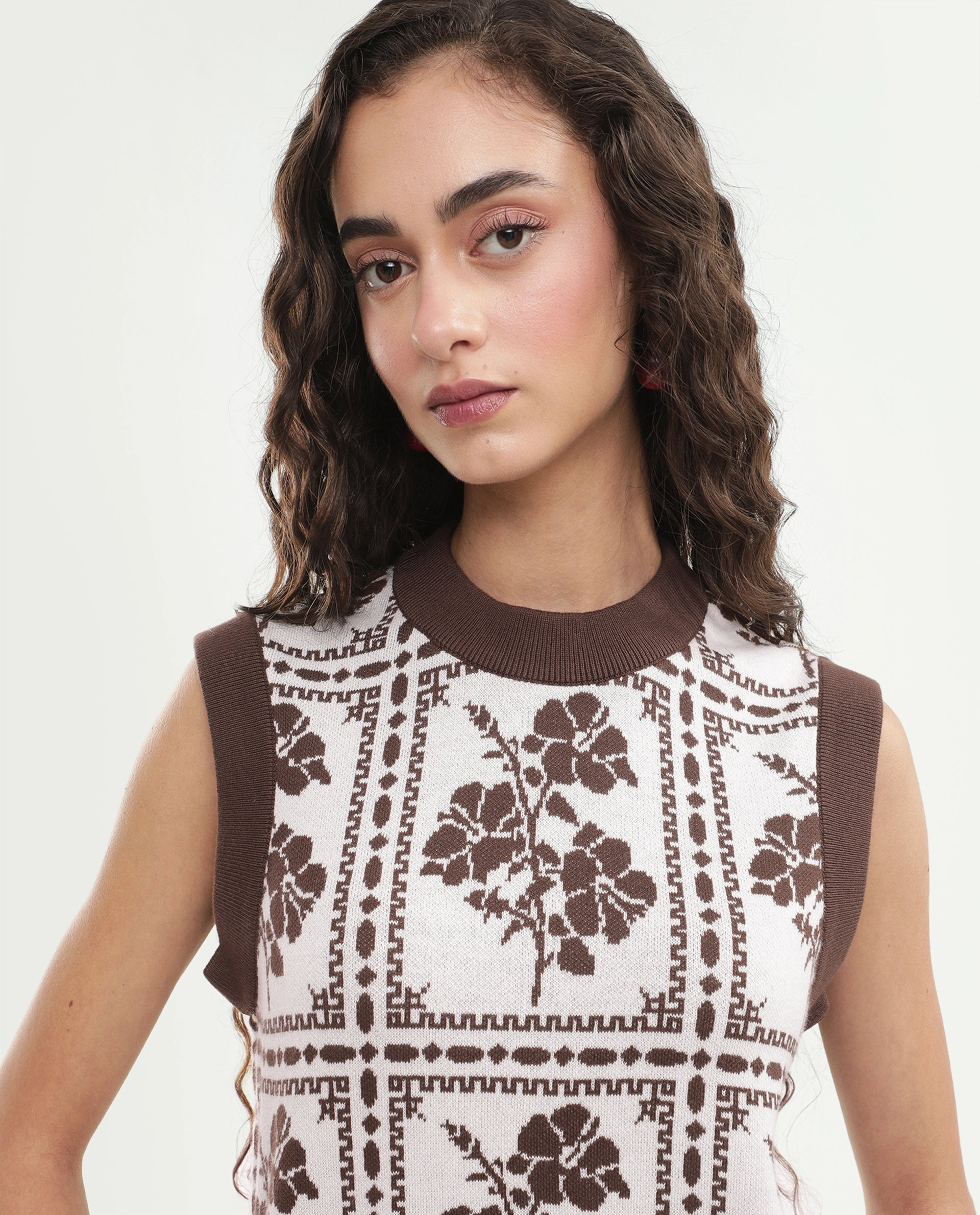 Rareism Women's Lest Off White Cotton Pull-On Regular Fit Floral Print Sweater