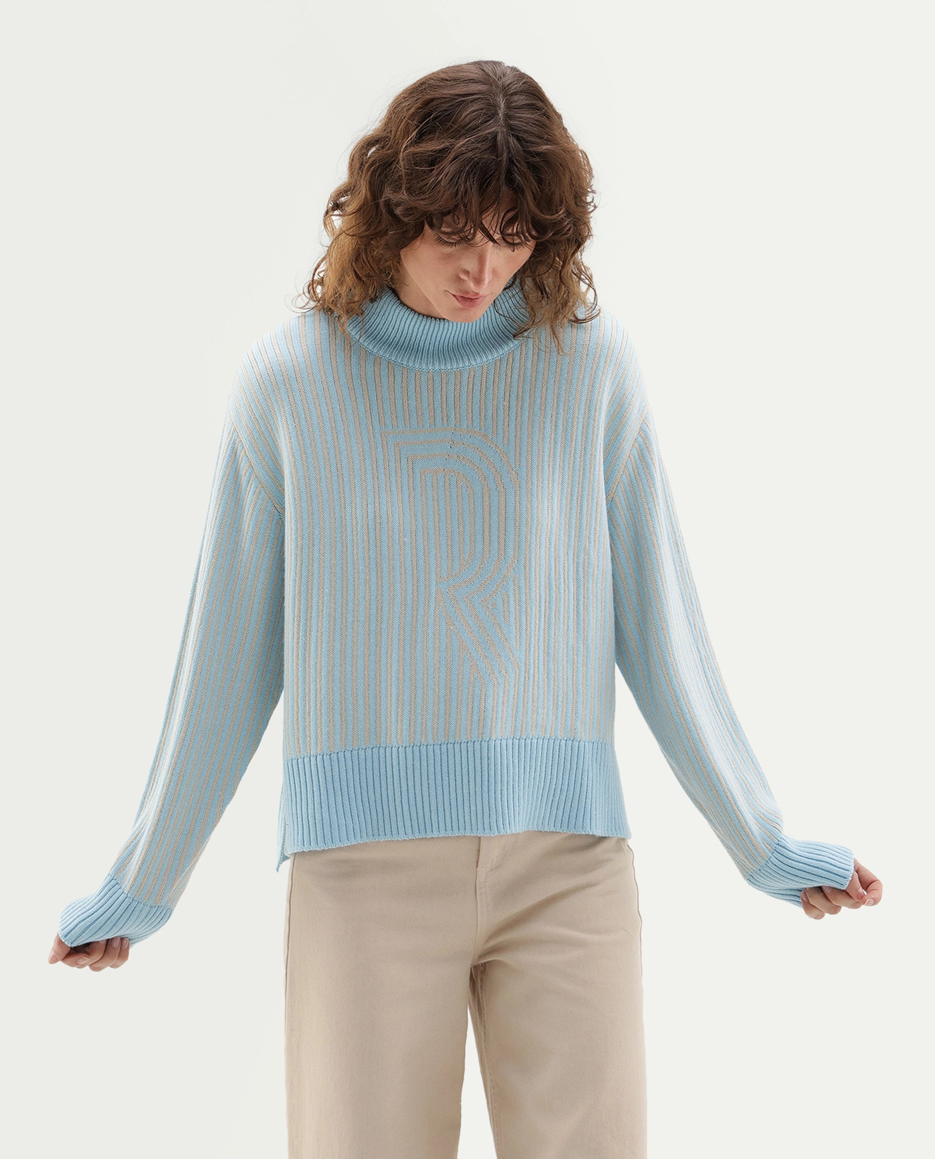 Rareism Women's Love Light Blue Acrylic Blend Pull-On Relaxed Fit Typography Print Sweater