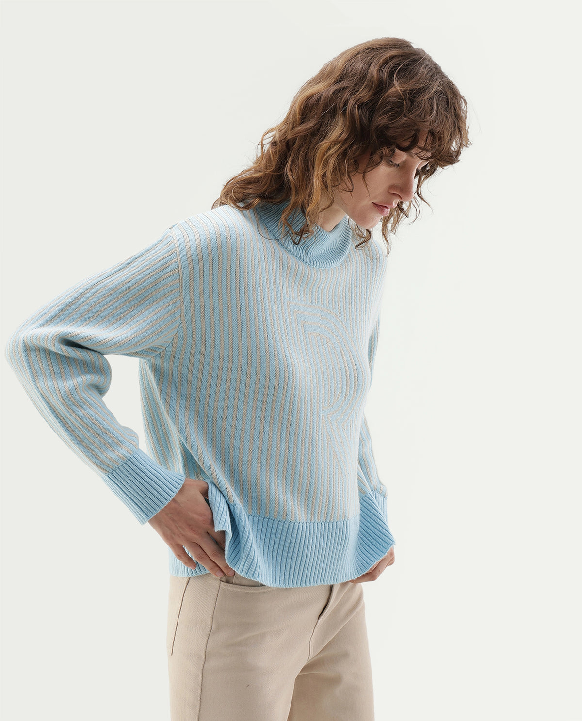 Rareism Women's Love Light Blue Acrylic Blend Pull-On Relaxed Fit Typography Print Sweater