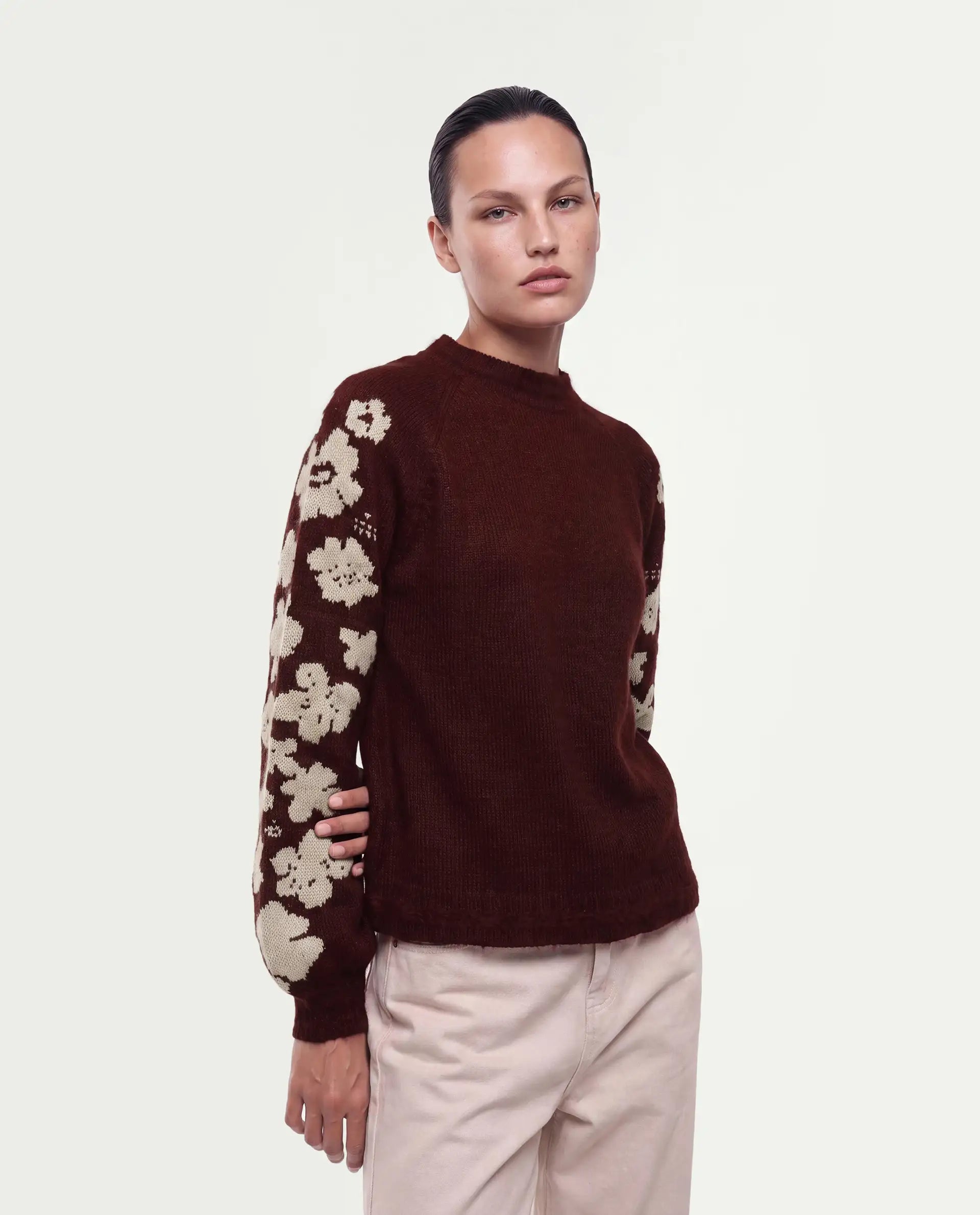 Rareism Women's Zaneaw26 Dark Maroon Acrylic Blend Pull-On Relaxed Fit Floral Print Sweater