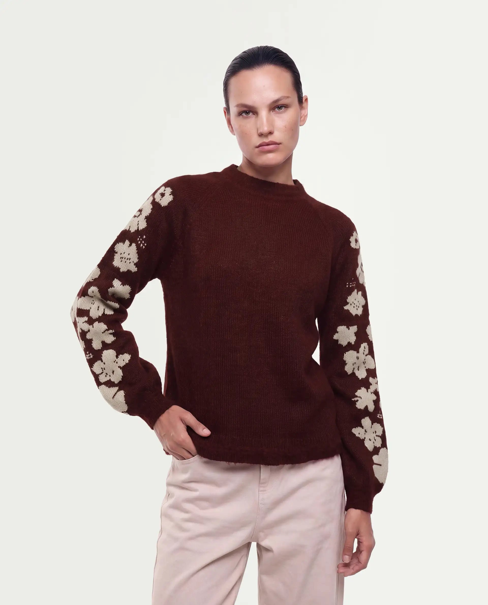 Rareism Women's Zaneaw26 Dark Maroon Acrylic Blend Pull-On Relaxed Fit Floral Print Sweater