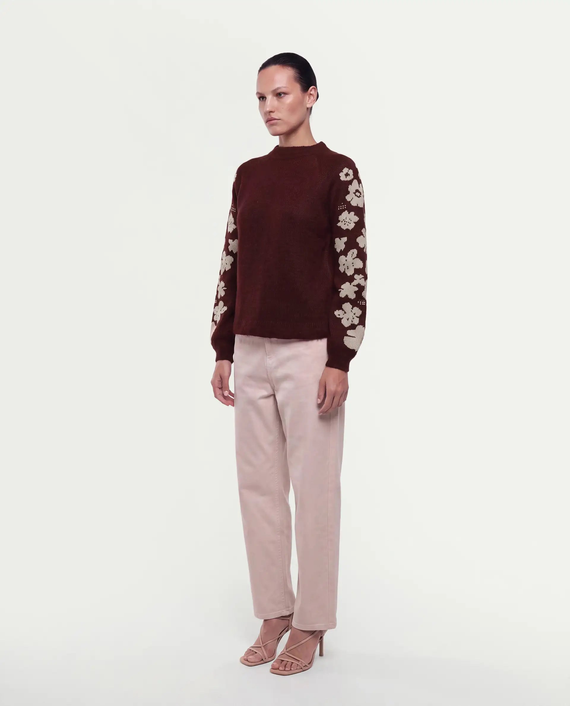 Rareism Women's Zaneaw26 Dark Maroon Acrylic Blend Pull-On Relaxed Fit Floral Print Sweater