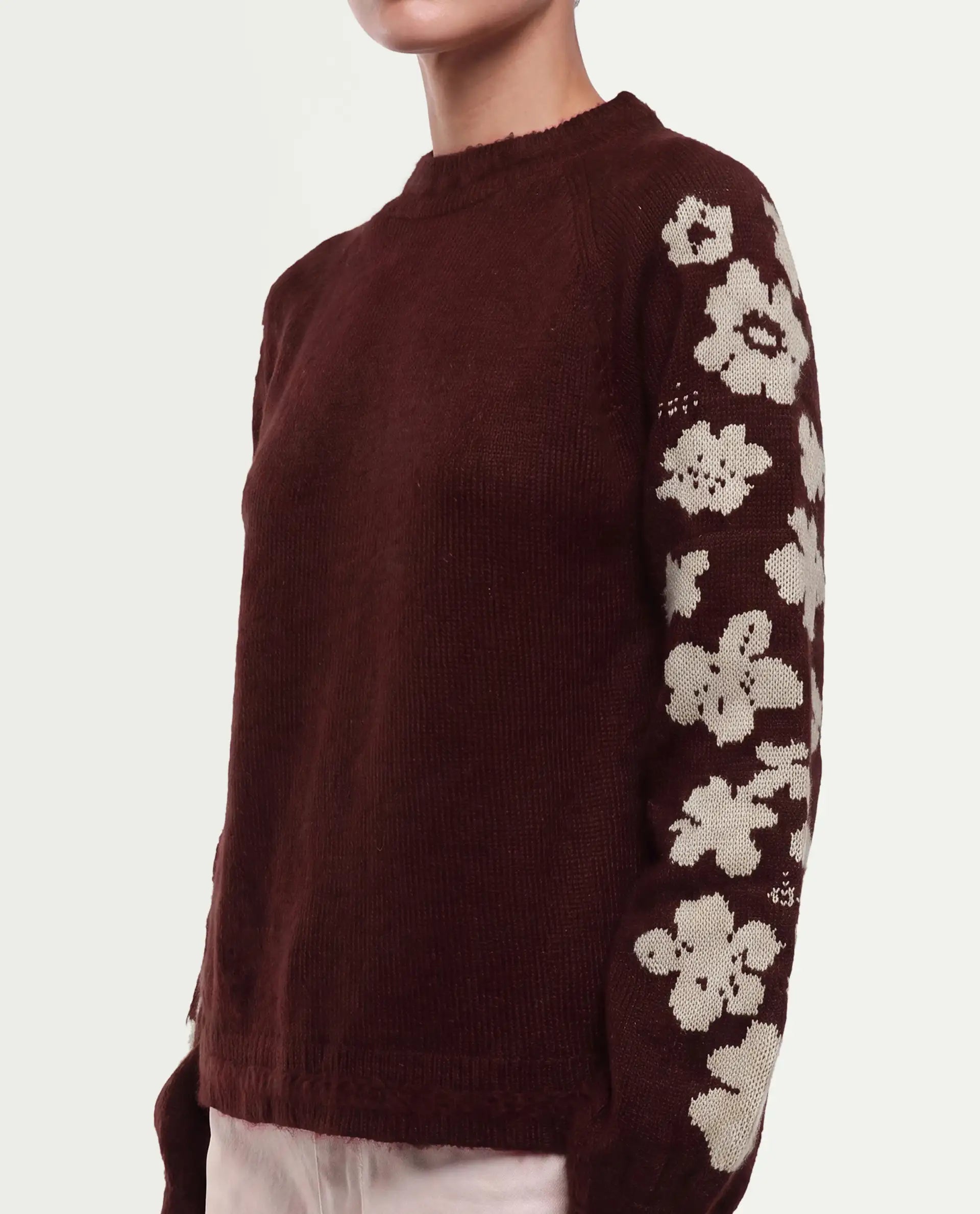 Rareism Women's Zaneaw26 Dark Maroon Acrylic Blend Pull-On Relaxed Fit Floral Print Sweater