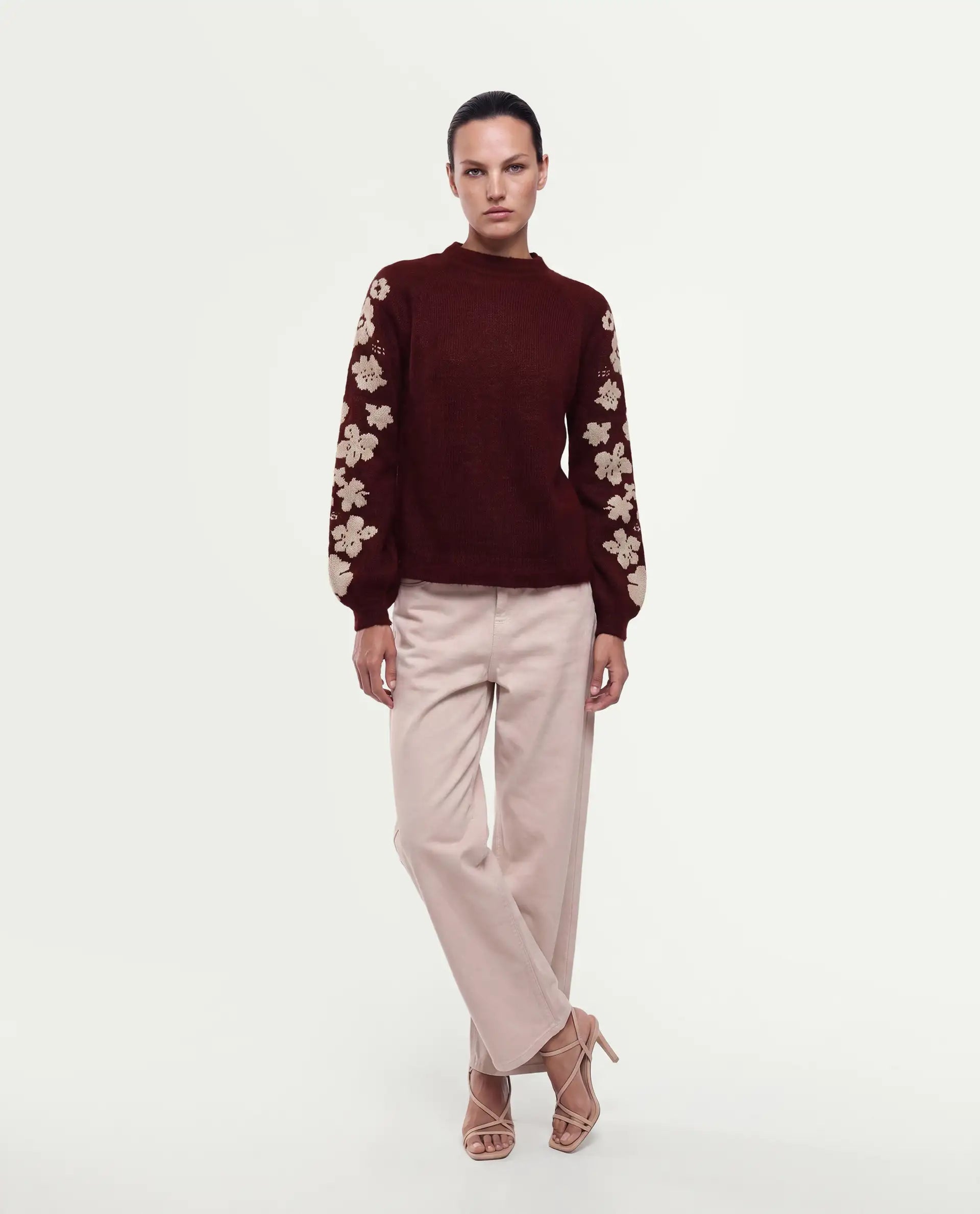 Rareism Women's Zaneaw26 Dark Maroon Acrylic Blend Pull-On Relaxed Fit Floral Print Sweater