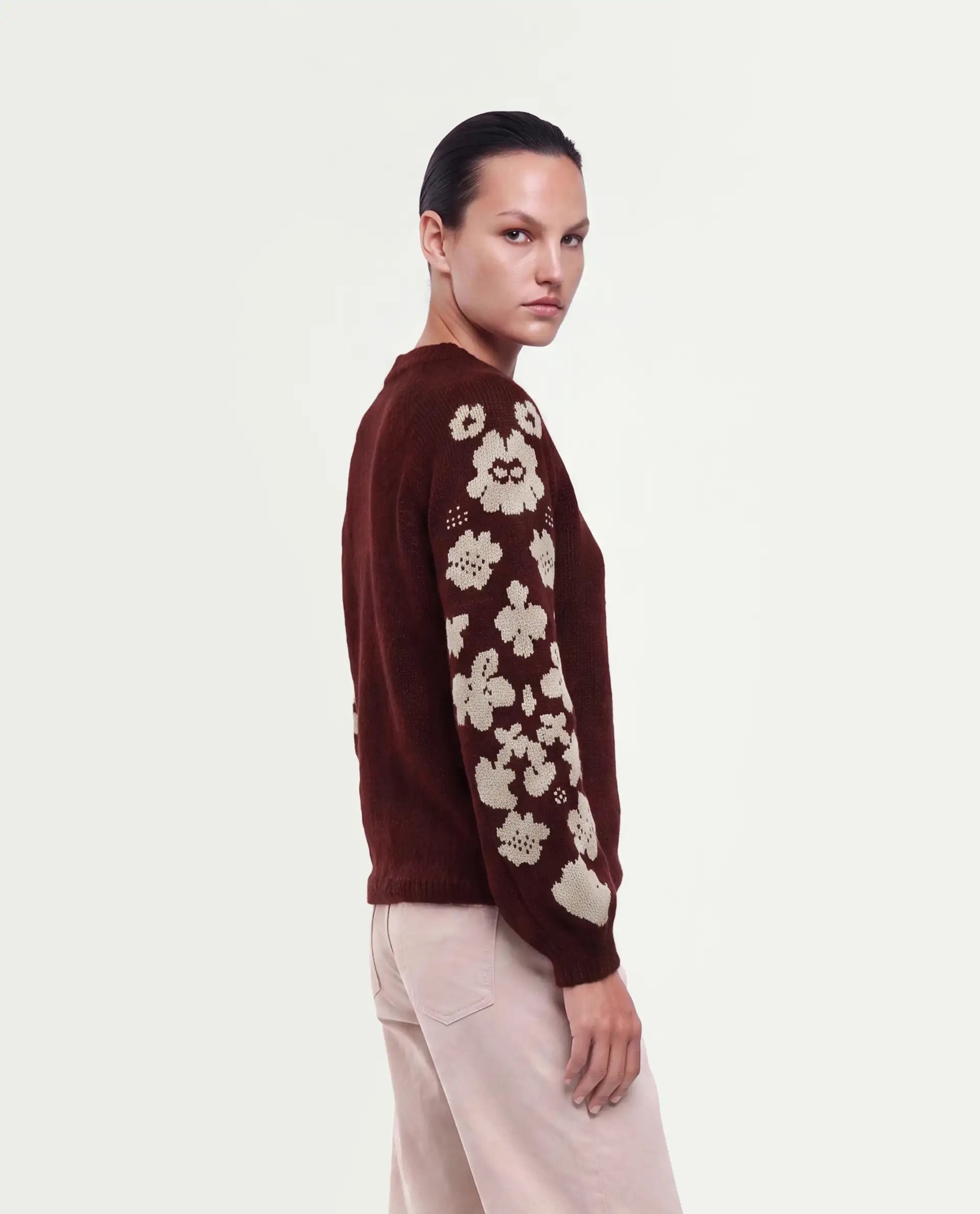 Rareism Women's Zaneaw26 Dark Maroon Acrylic Blend Pull-On Relaxed Fit Floral Print Sweater