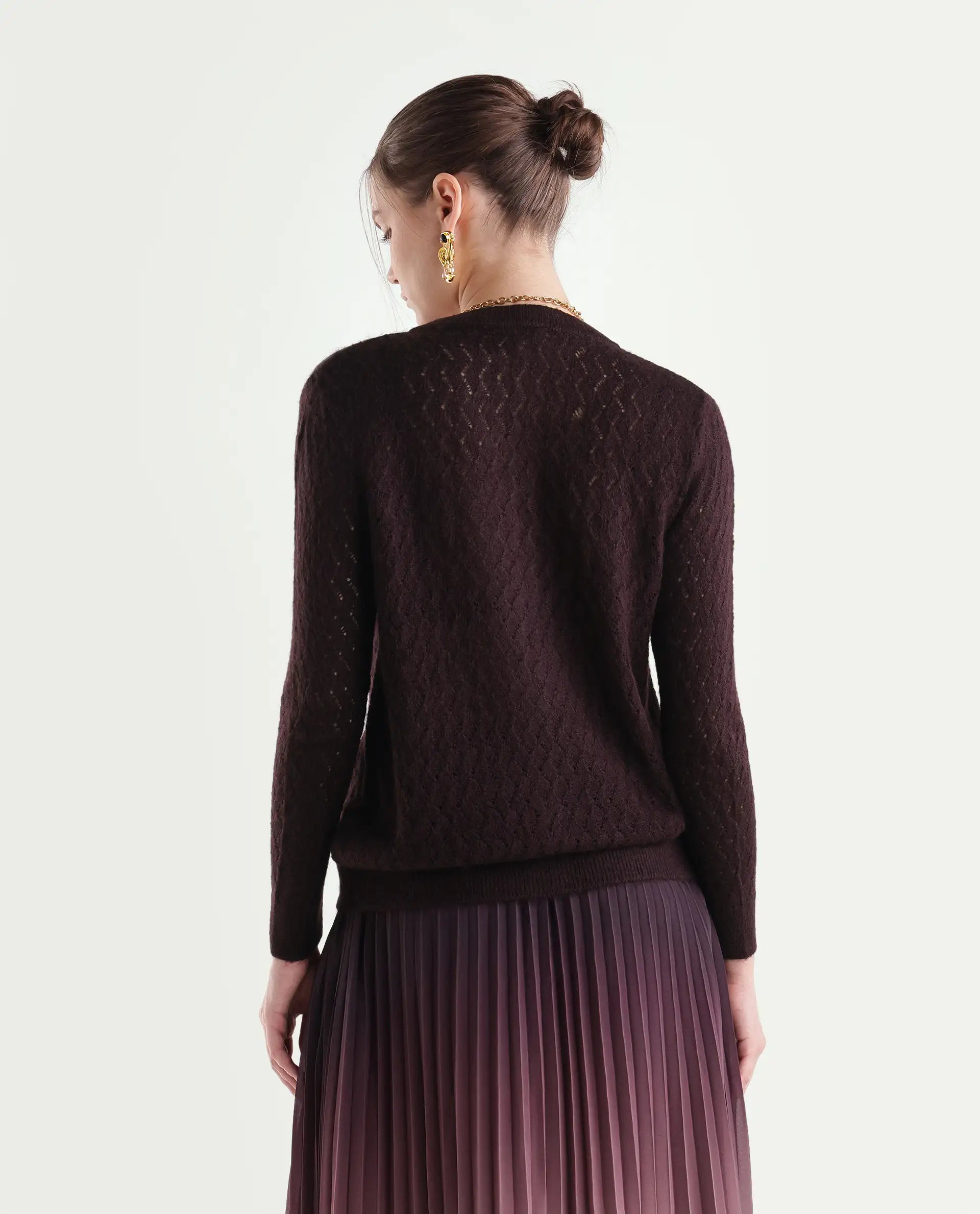 Rareism Women's Lence-A Dark Maroon Acrylic Blend Button Relaxed Fit Cardigan