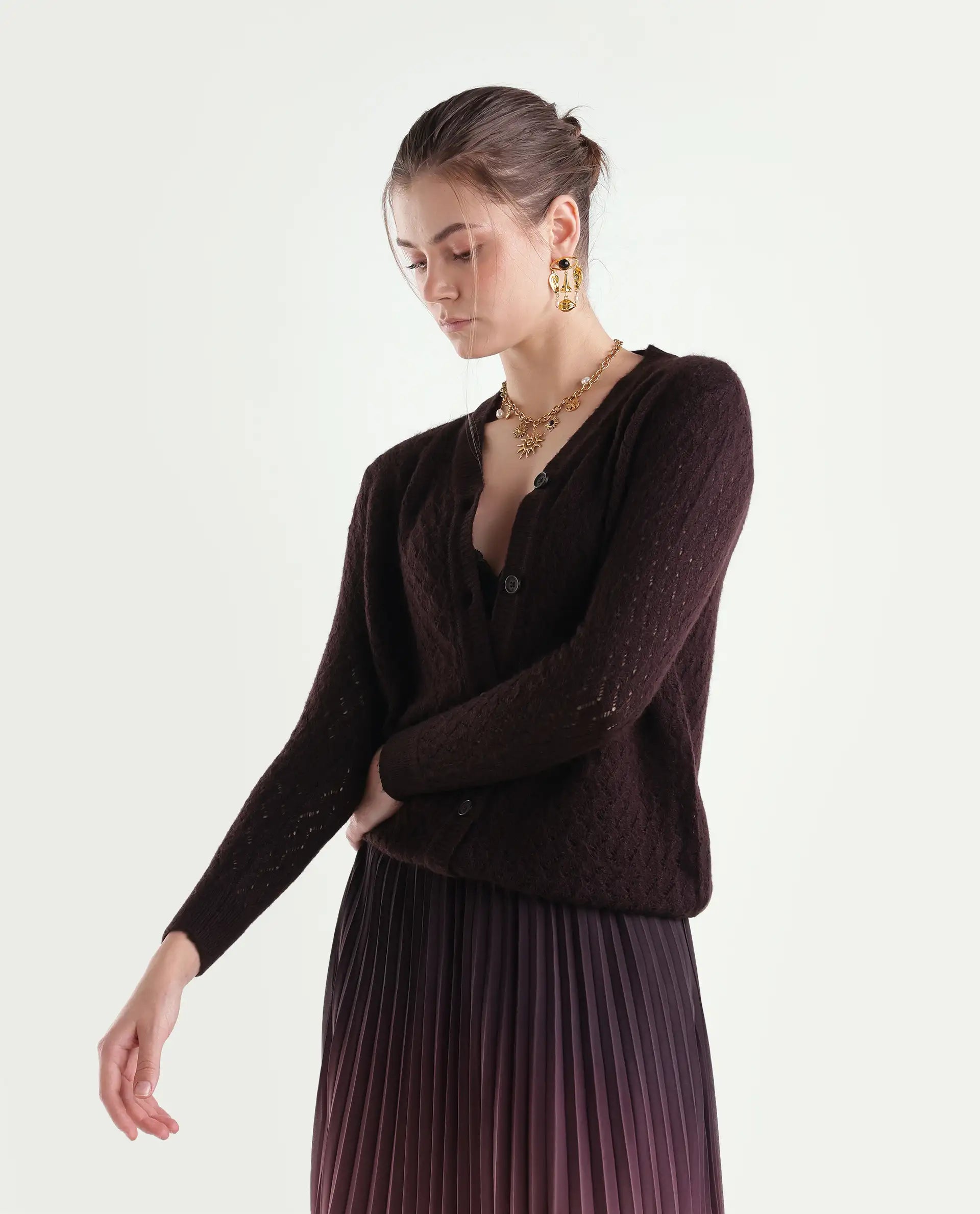 Rareism Women's Lence-A Dark Maroon Acrylic Blend Button Relaxed Fit Cardigan