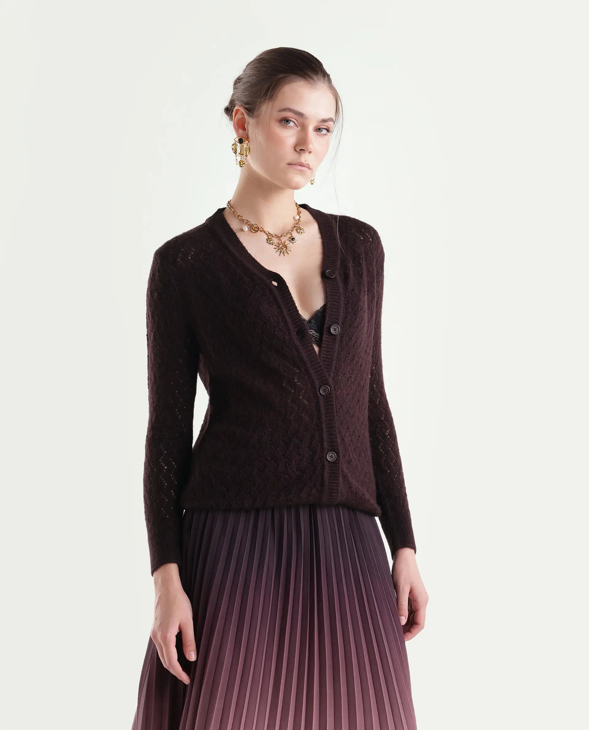 Rareism Women's Lence-A Dark Maroon Acrylic Blend Button Relaxed Fit Cardigan