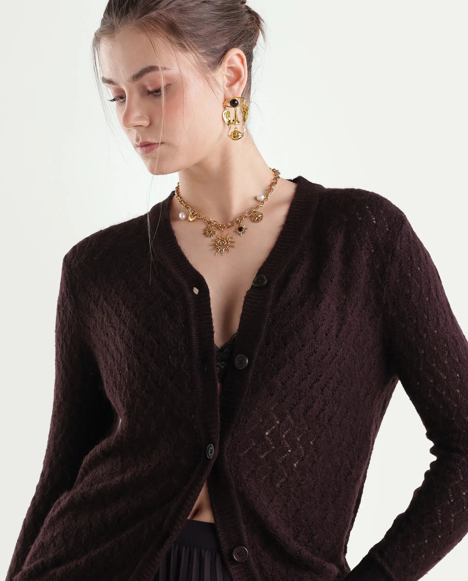 Rareism Women's Lence-A Dark Maroon Acrylic Blend Button Relaxed Fit Cardigan