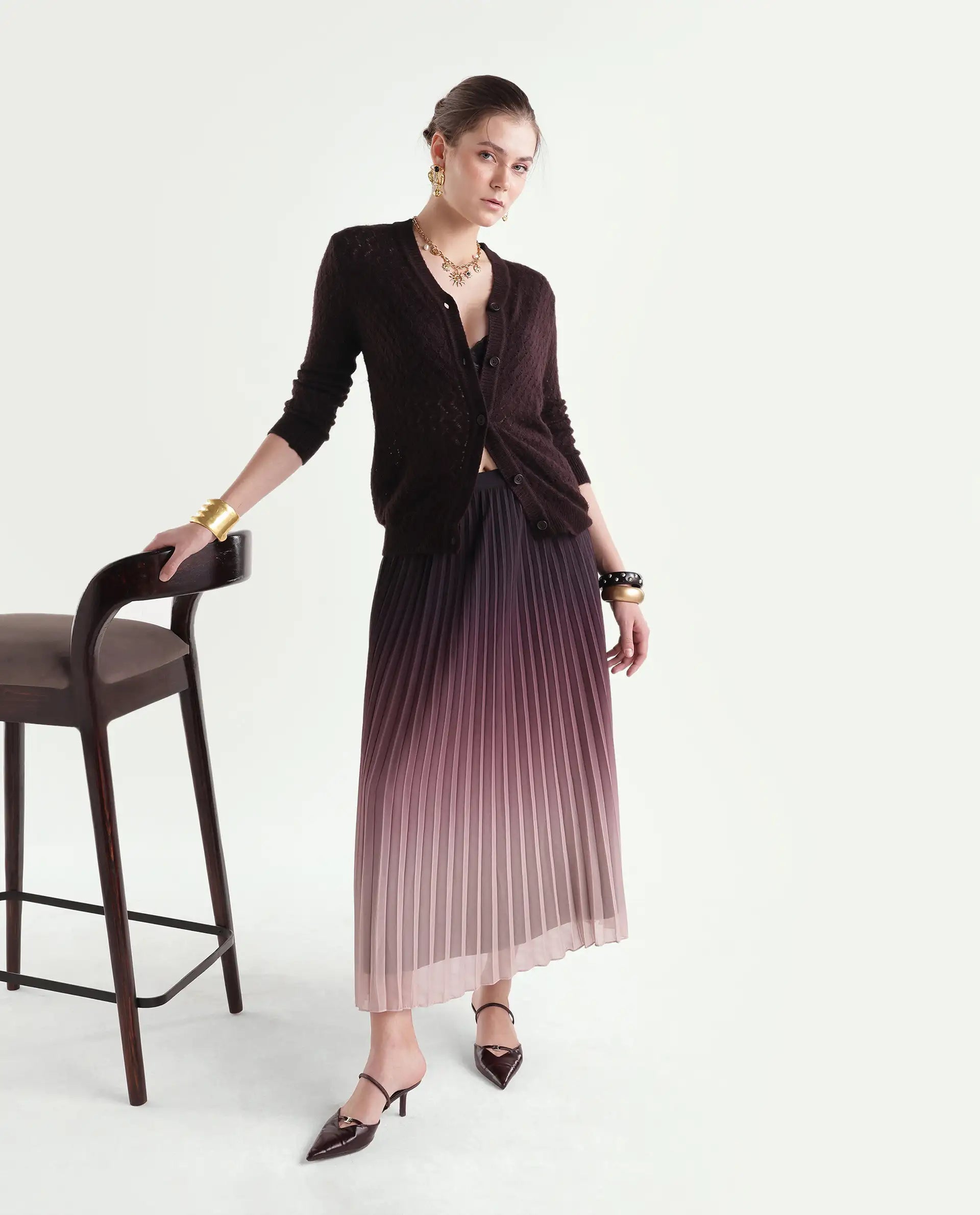Rareism Women's Lence-A Dark Maroon Acrylic Blend Button Relaxed Fit Cardigan