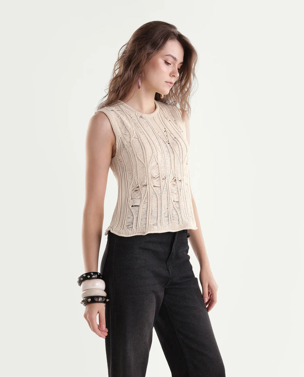 Rareism Women's Sora Off White Cotton Pull-On Relaxed Fit Top