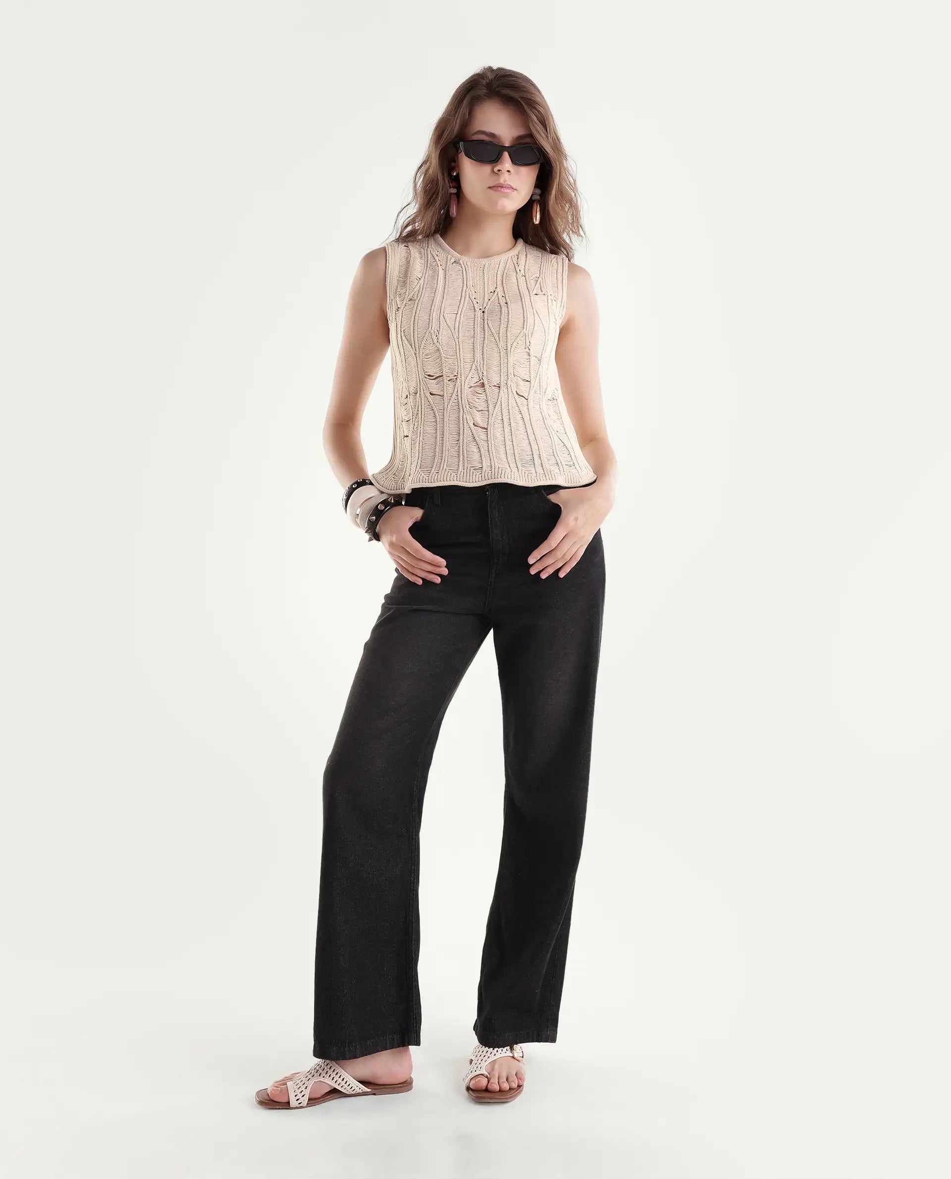 Rareism Women's Sora Off White Cotton Pull-On Relaxed Fit Top