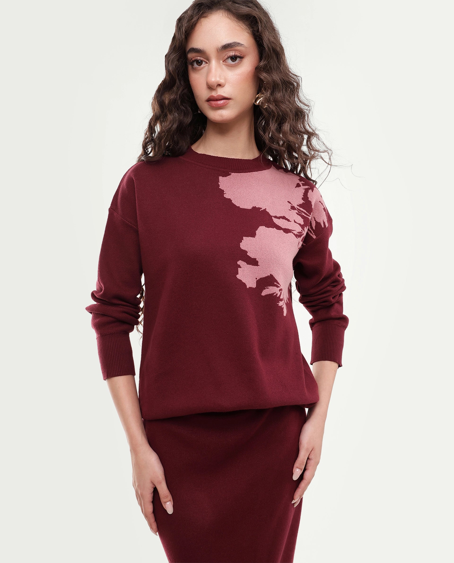 Rareism Women's Lacqua-T Dark Maroon Cotton Pull-On Relaxed Fit Floral Print Sweater