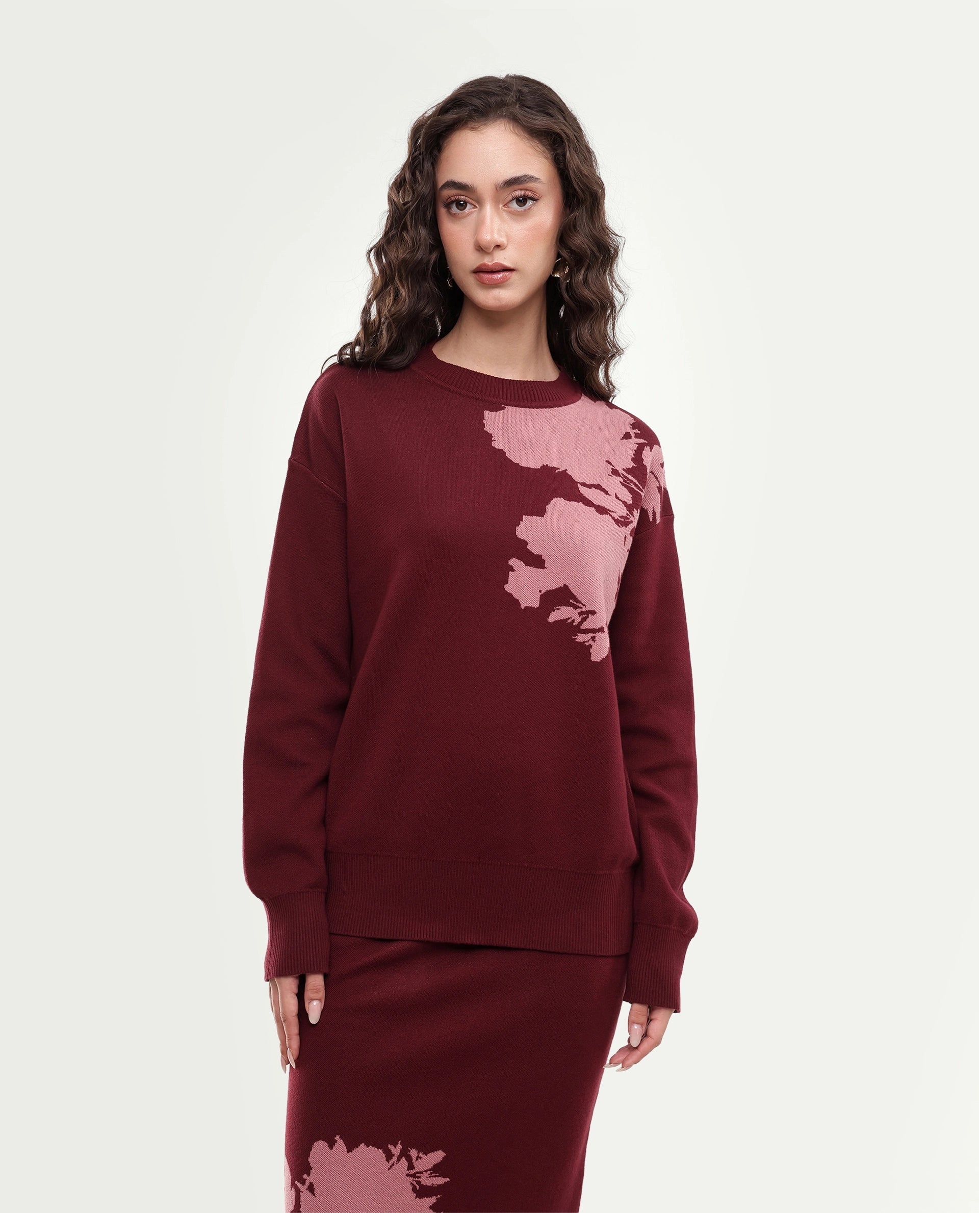 Rareism Women's Lacqua-T Dark Maroon Cotton Pull-On Relaxed Fit Floral Print Sweater