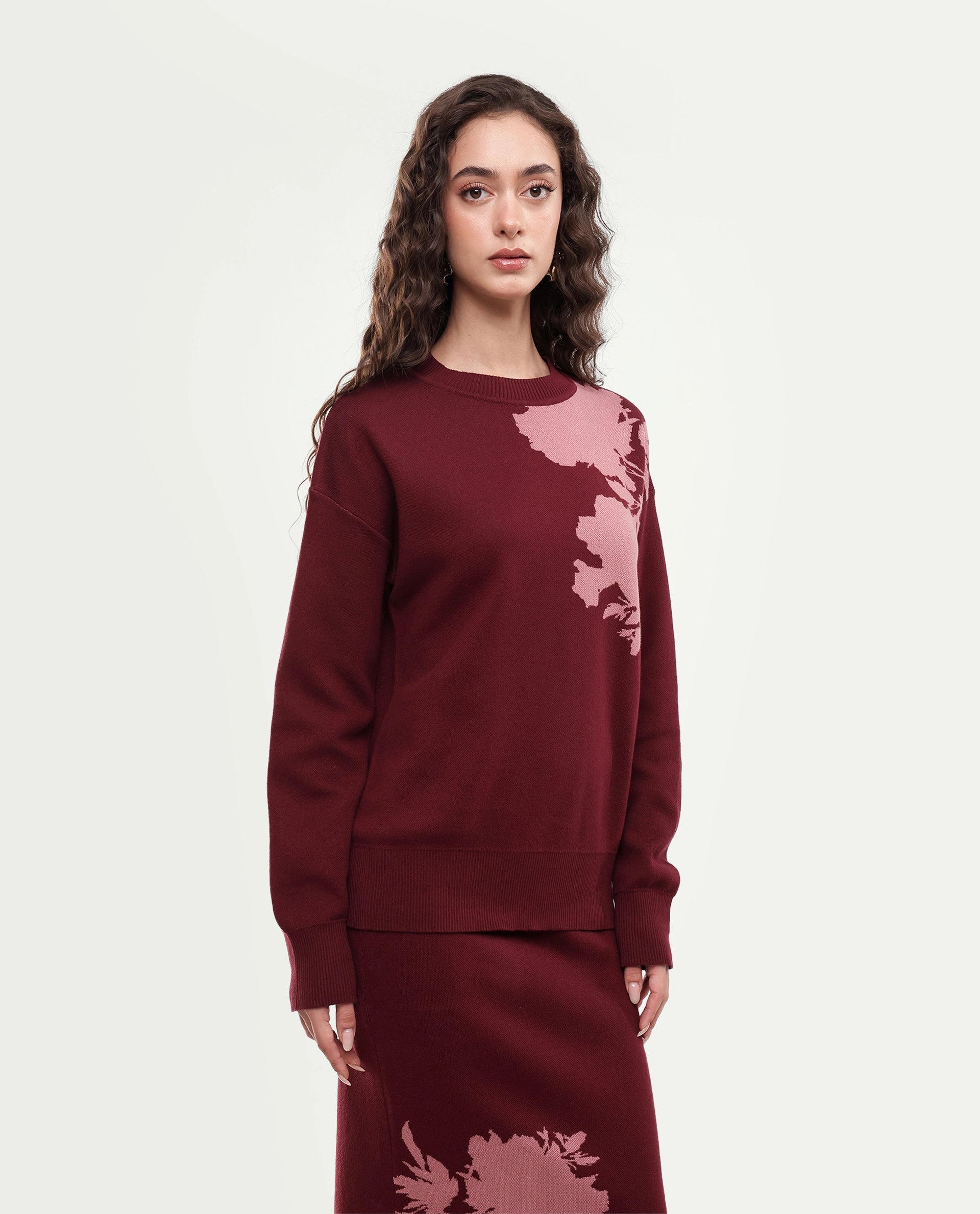 Rareism Women's Lacqua-T Dark Maroon Cotton Pull-On Relaxed Fit Floral Print Sweater