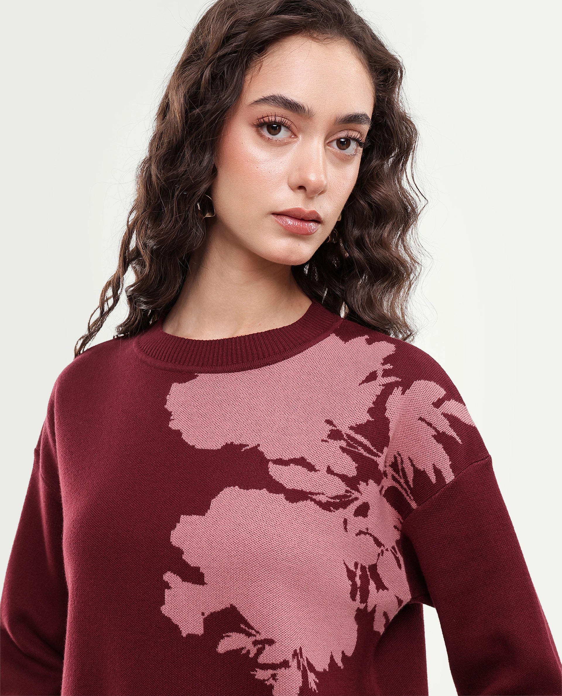 Rareism Women's Lacqua-T Dark Maroon Cotton Pull-On Relaxed Fit Floral Print Sweater