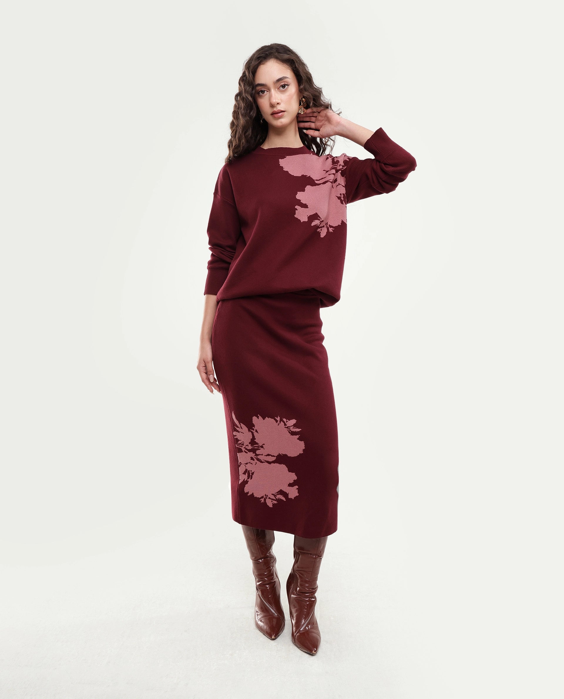Rareism Women's Lacqua-T Dark Maroon Cotton Pull-On Relaxed Fit Floral Print Sweater