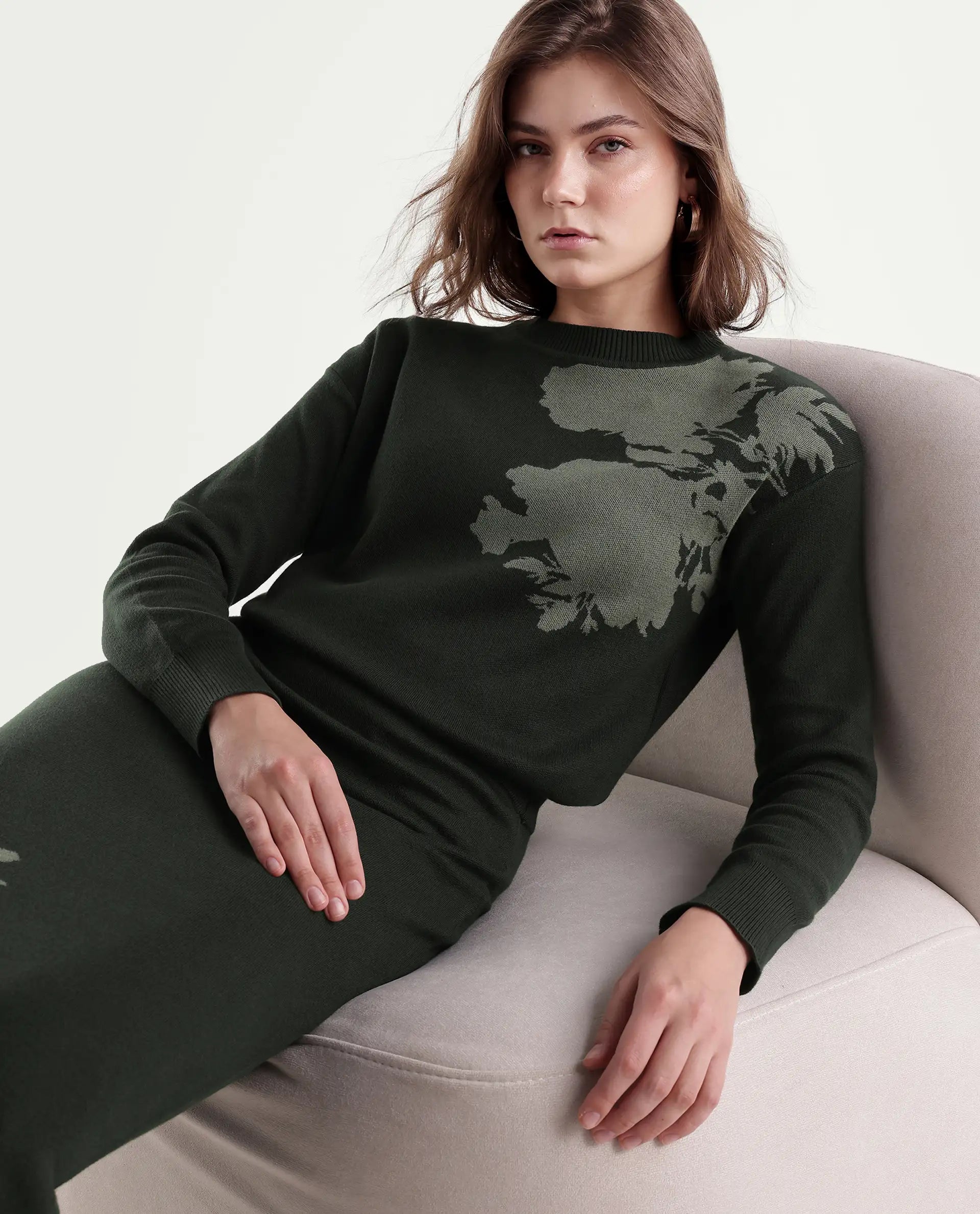 Rareism Women's Lacqua-T Dark Olive Cotton Pull-On Relaxed Fit Floral Print Sweater