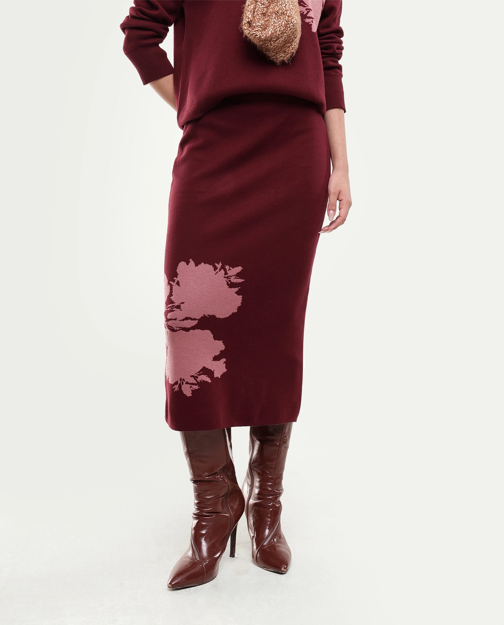 Rareism Women's Lacqua-B Dark Maroon Cotton Pull-On Straight Jacquard Skirt