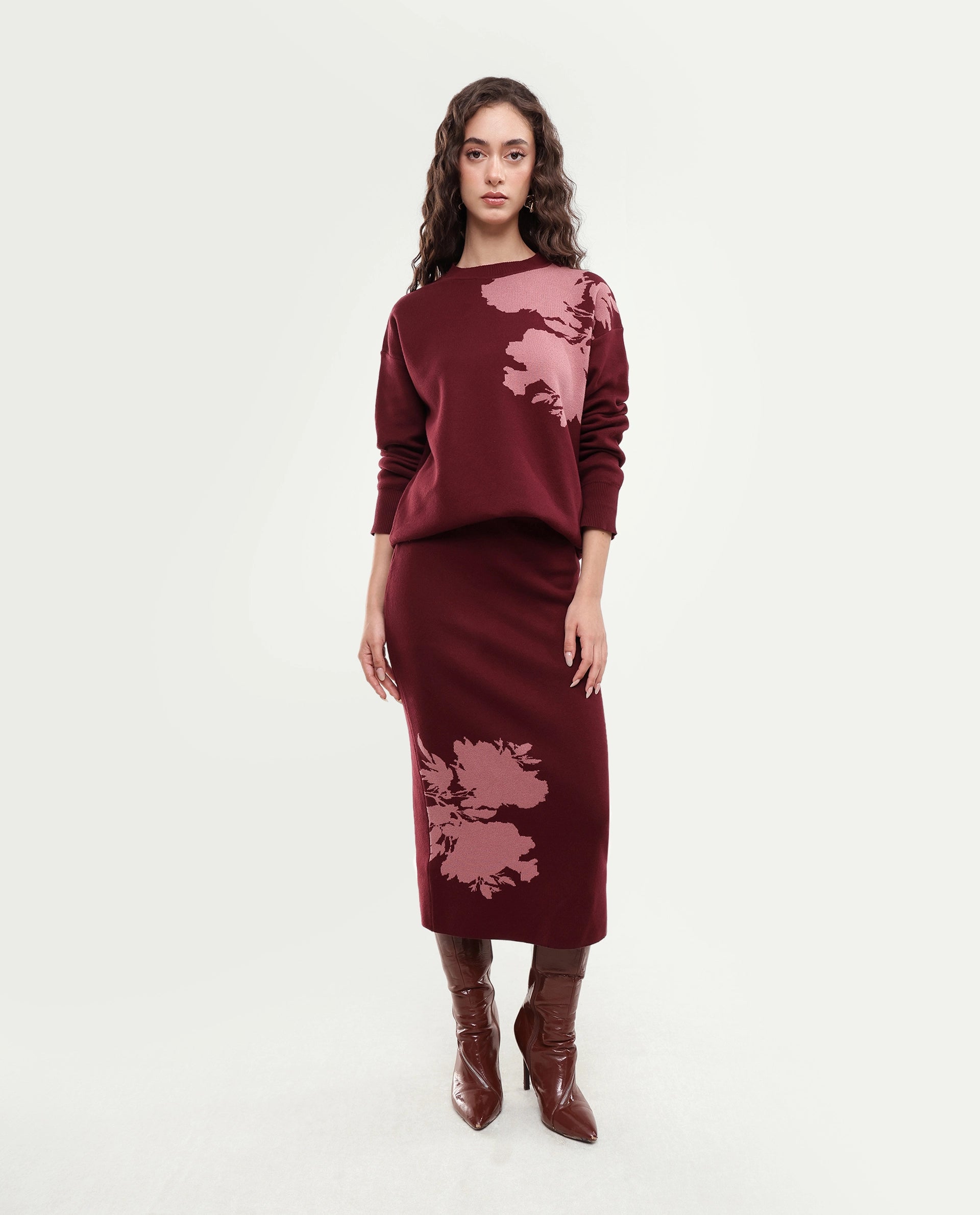 Rareism Women's Lacqua-B Dark Maroon Cotton Pull-On Straight Jacquard Skirt