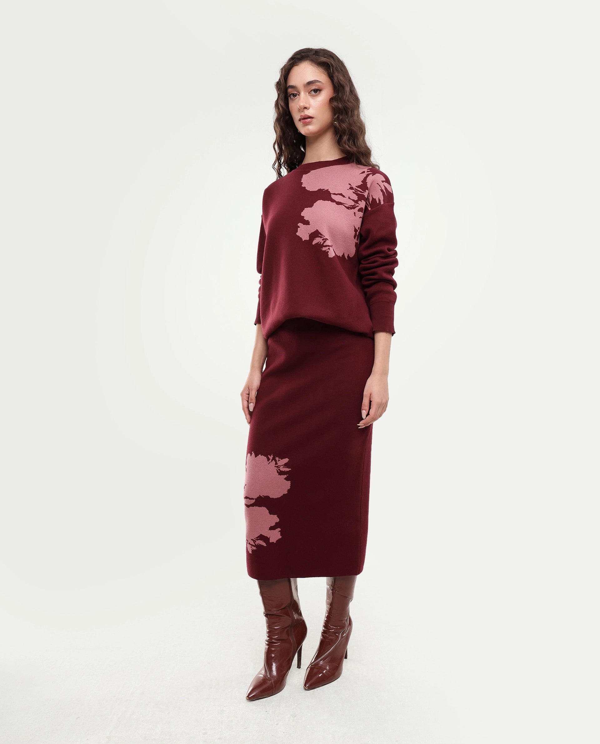 Rareism Women's Lacqua-B Dark Maroon Cotton Pull-On Straight Jacquard Skirt