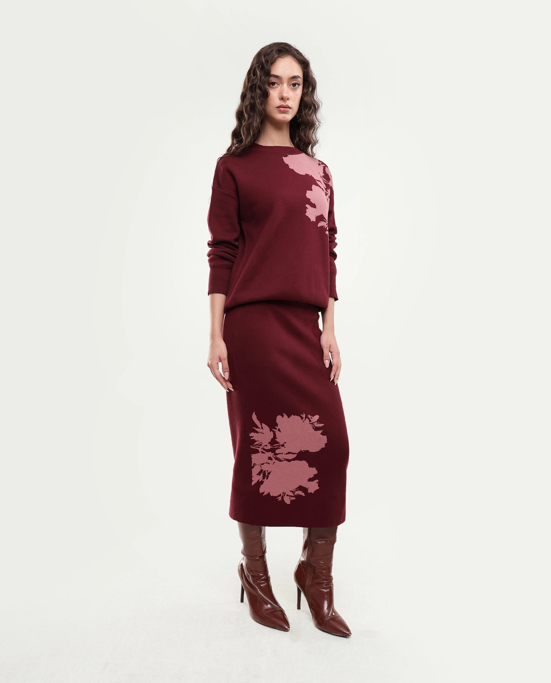 Rareism Women's Lacqua-B Dark Maroon Cotton Pull-On Straight Jacquard Skirt