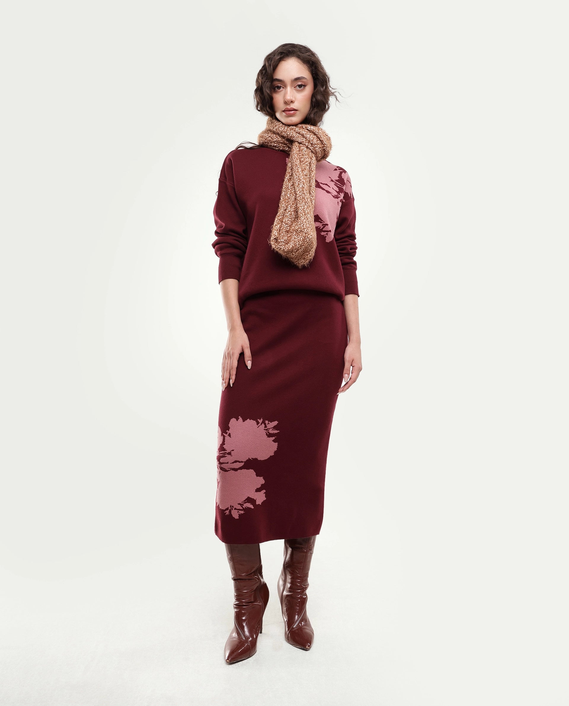 Rareism Women's Lacqua-B Dark Maroon Cotton Pull-On Straight Jacquard Skirt