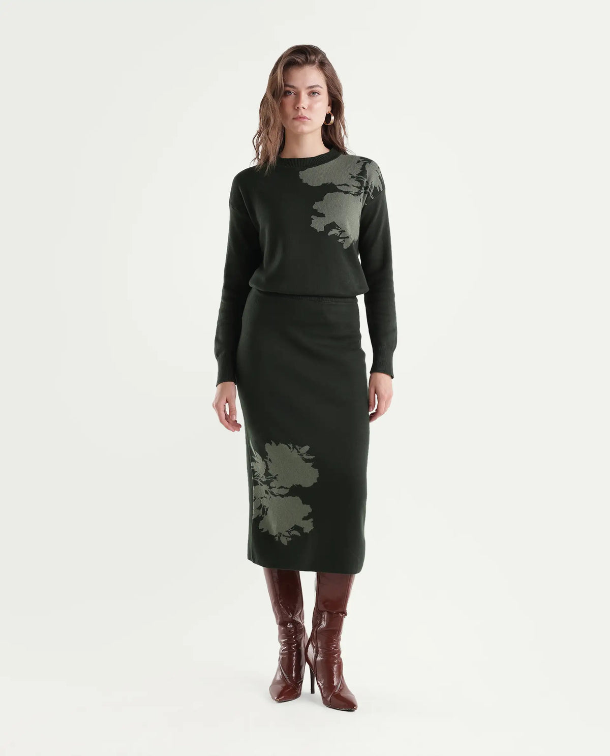 Rareism Women's Lacqua-B Dark Olive Cotton Pull-On Straight Jacquard Skirt