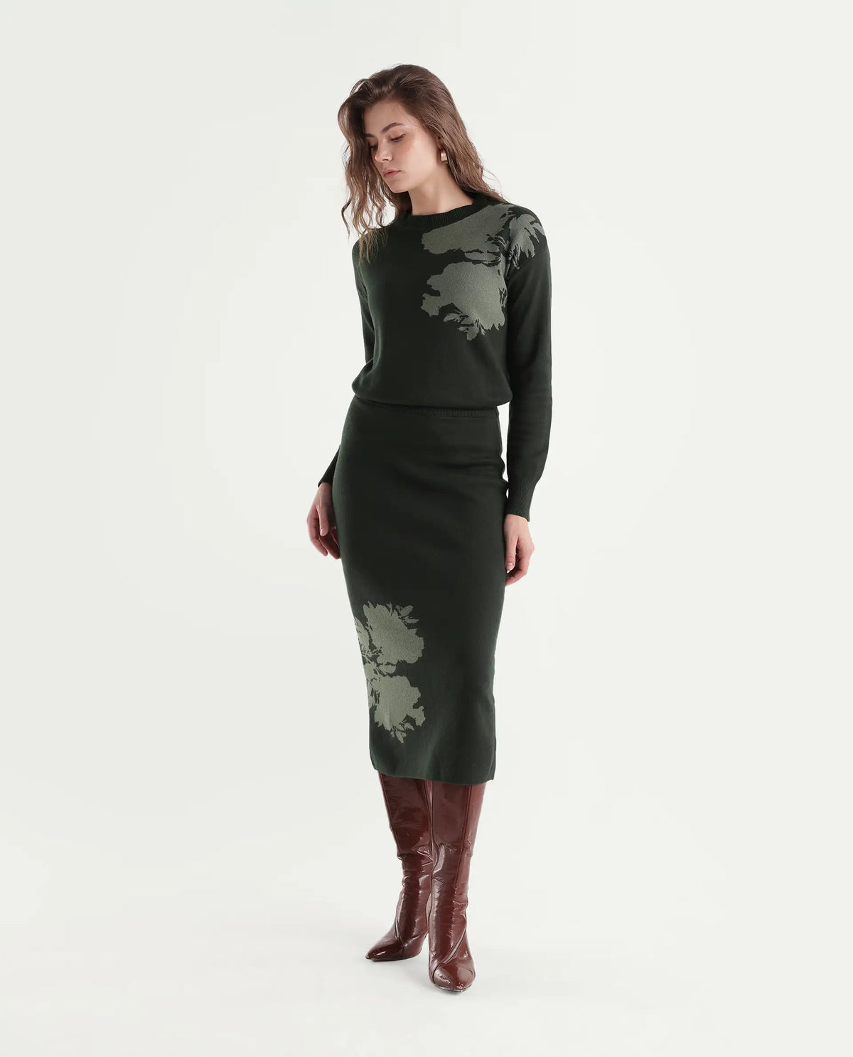 Rareism Women's Lacqua-B Dark Olive Cotton Pull-On Straight Jacquard Skirt