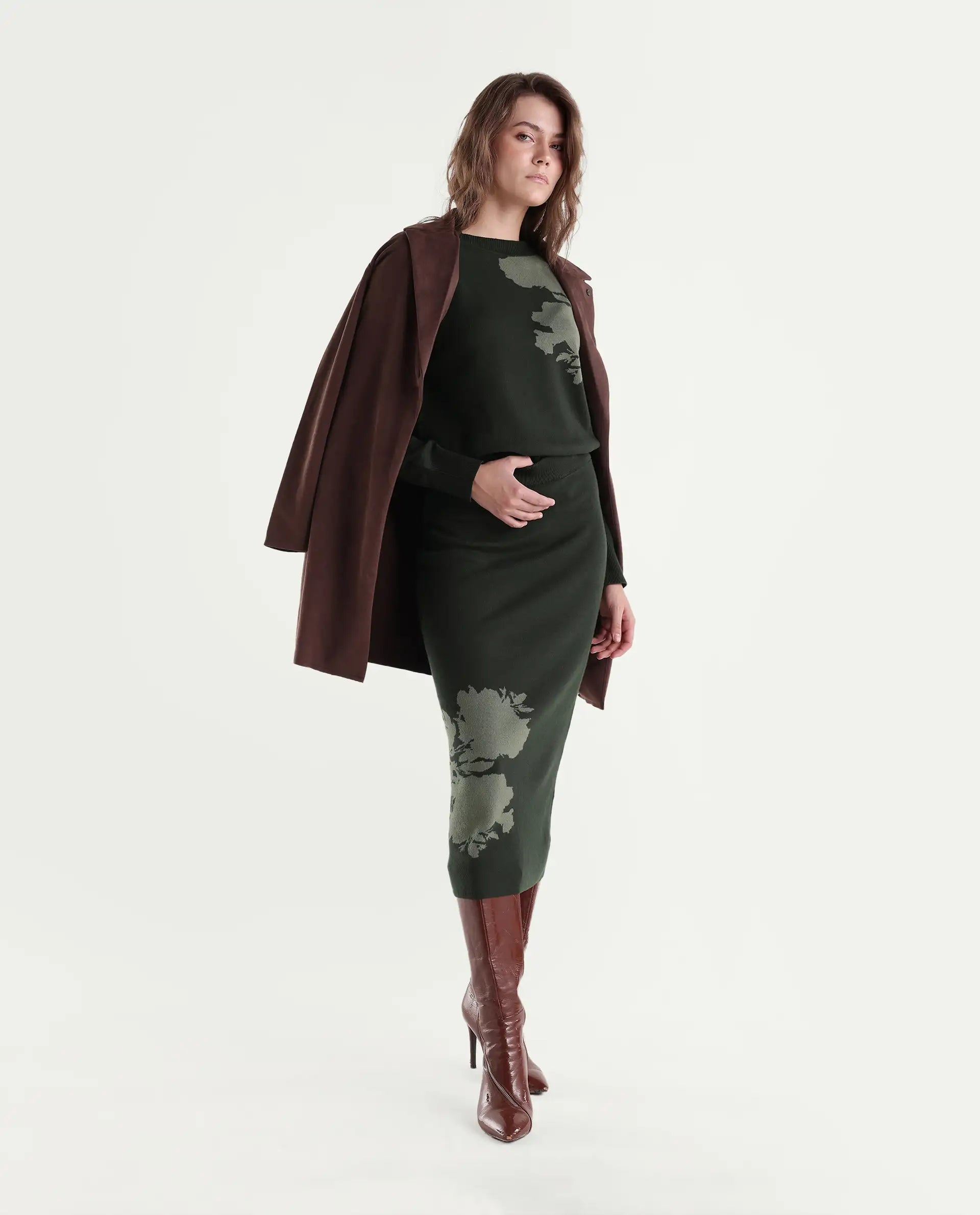Rareism Women's Lacqua-B Dark Olive Cotton Pull-On Straight Jacquard Skirt