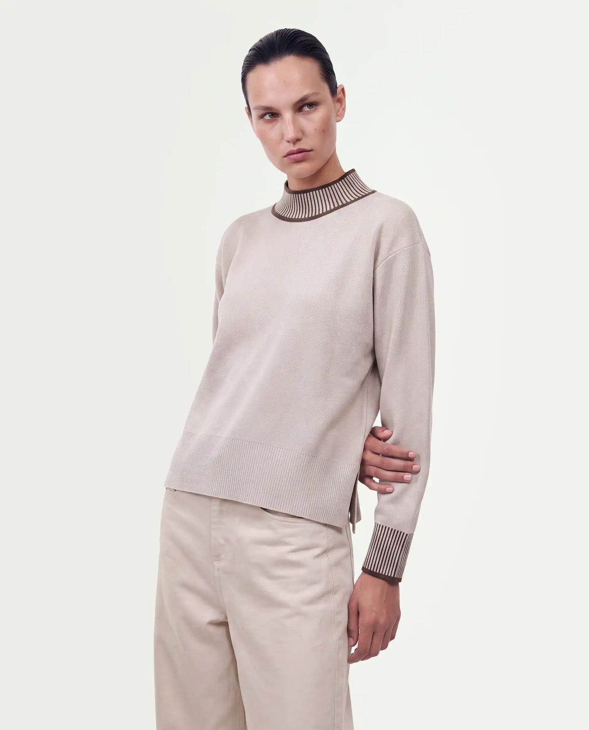 Rareism Women's Liber-T Light Beige Cotton Pull-On Relaxed Fit Sweater