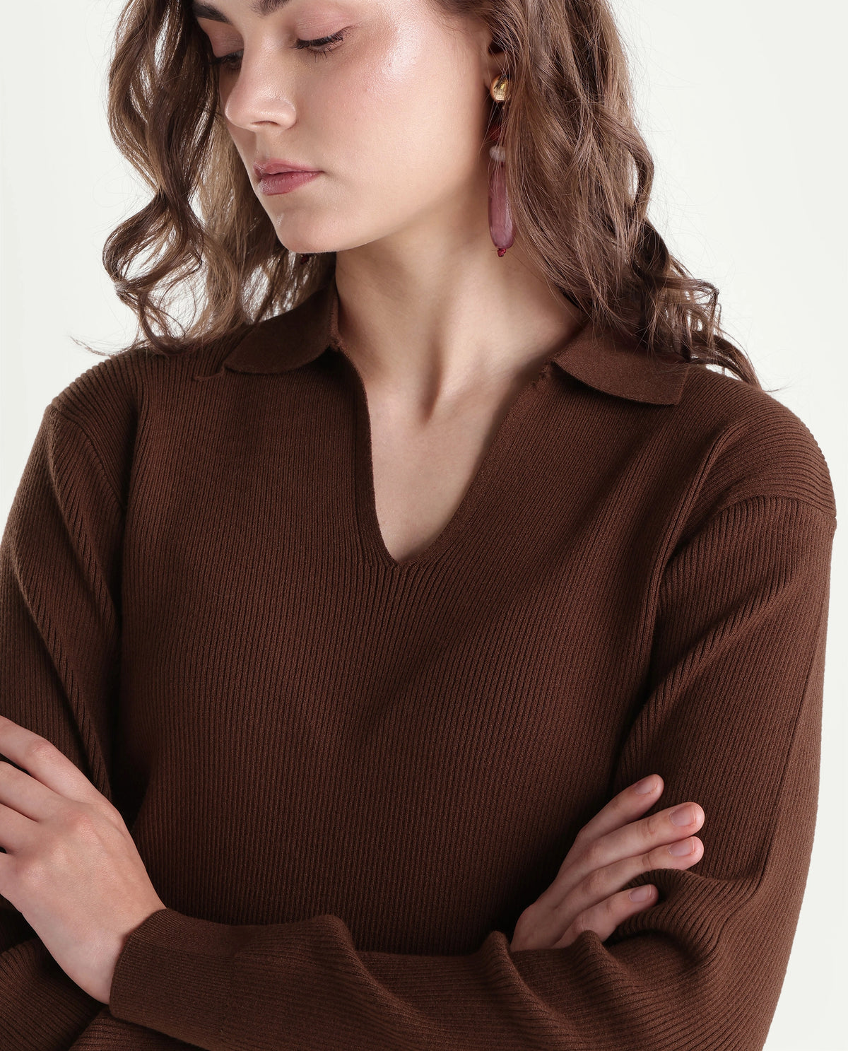 Rareism Women's Laxed-T Dark Brown Viscose Blend Pull-On Relaxed Fit Polo
