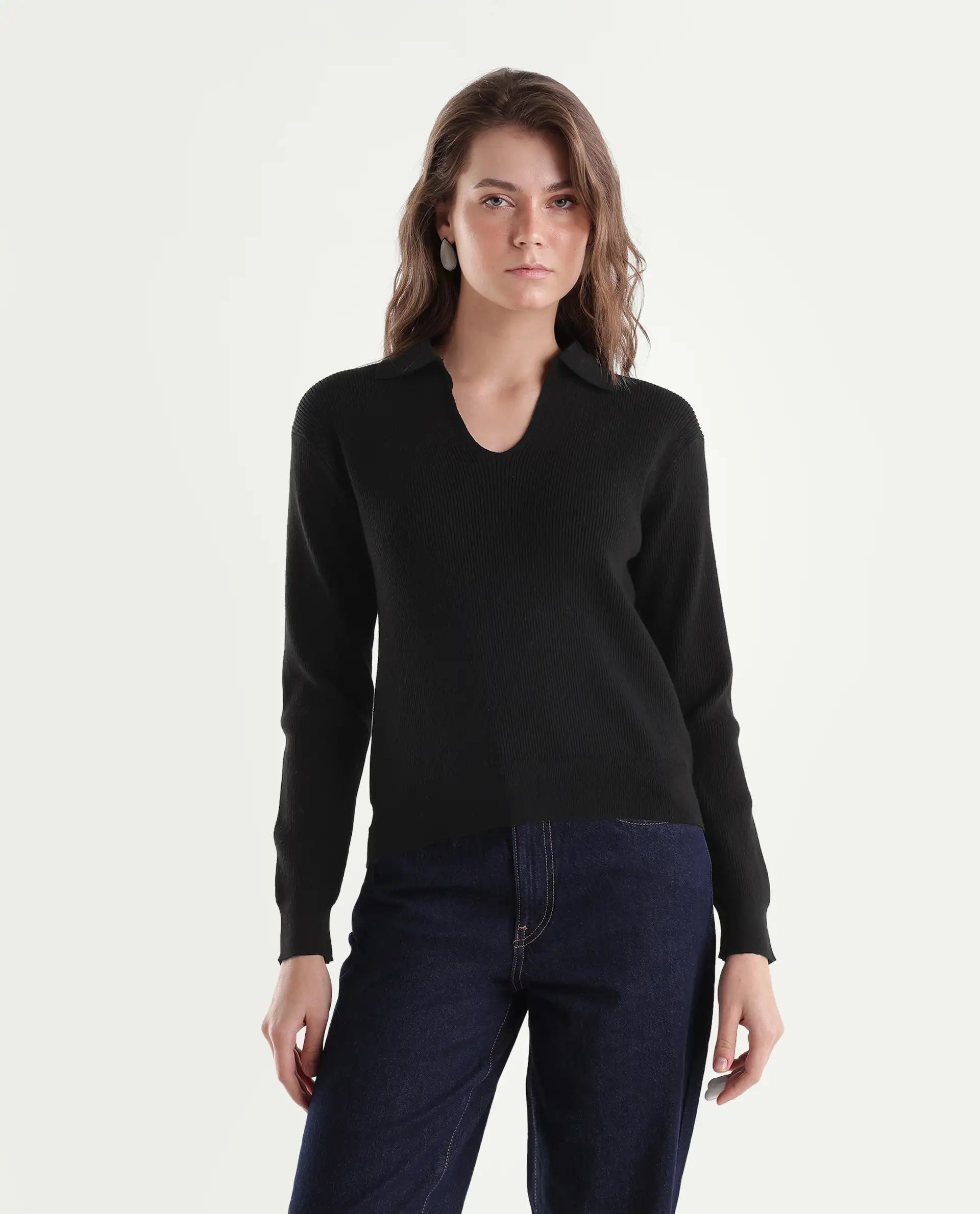 Rareism Women's Laxed-T Black Viscose Blend Pull-On Relaxed Fit Polo