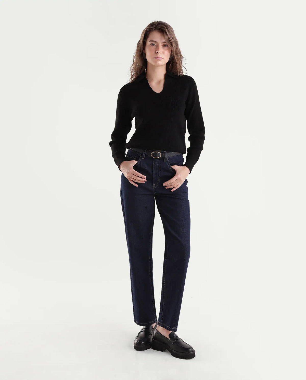 Rareism Women's Laxed-T Black Viscose Blend Pull-On Relaxed Fit Polo