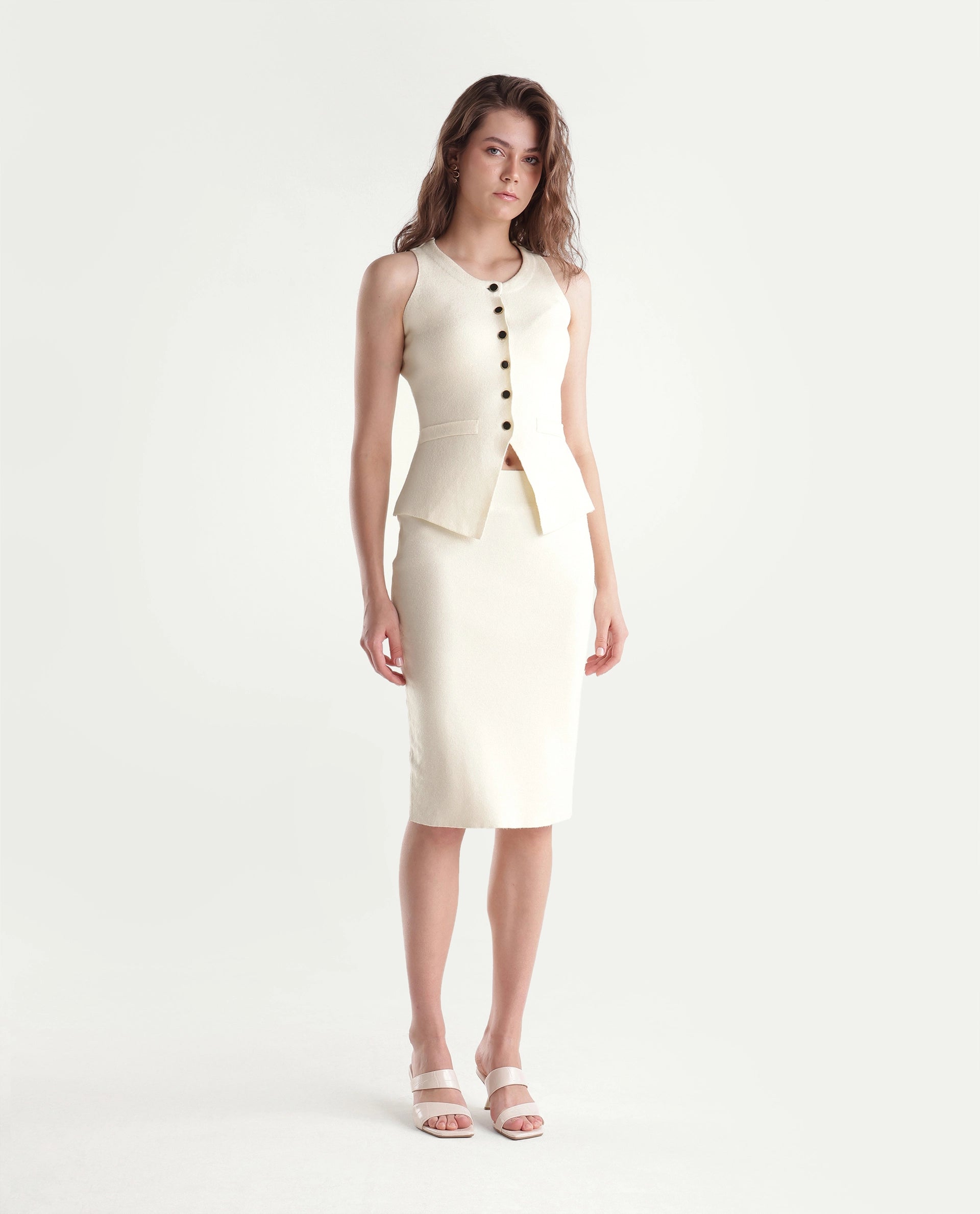 Rareism Women's Lwo-B Off White Viscose Blend Pull-On Slim Fit Skirt
